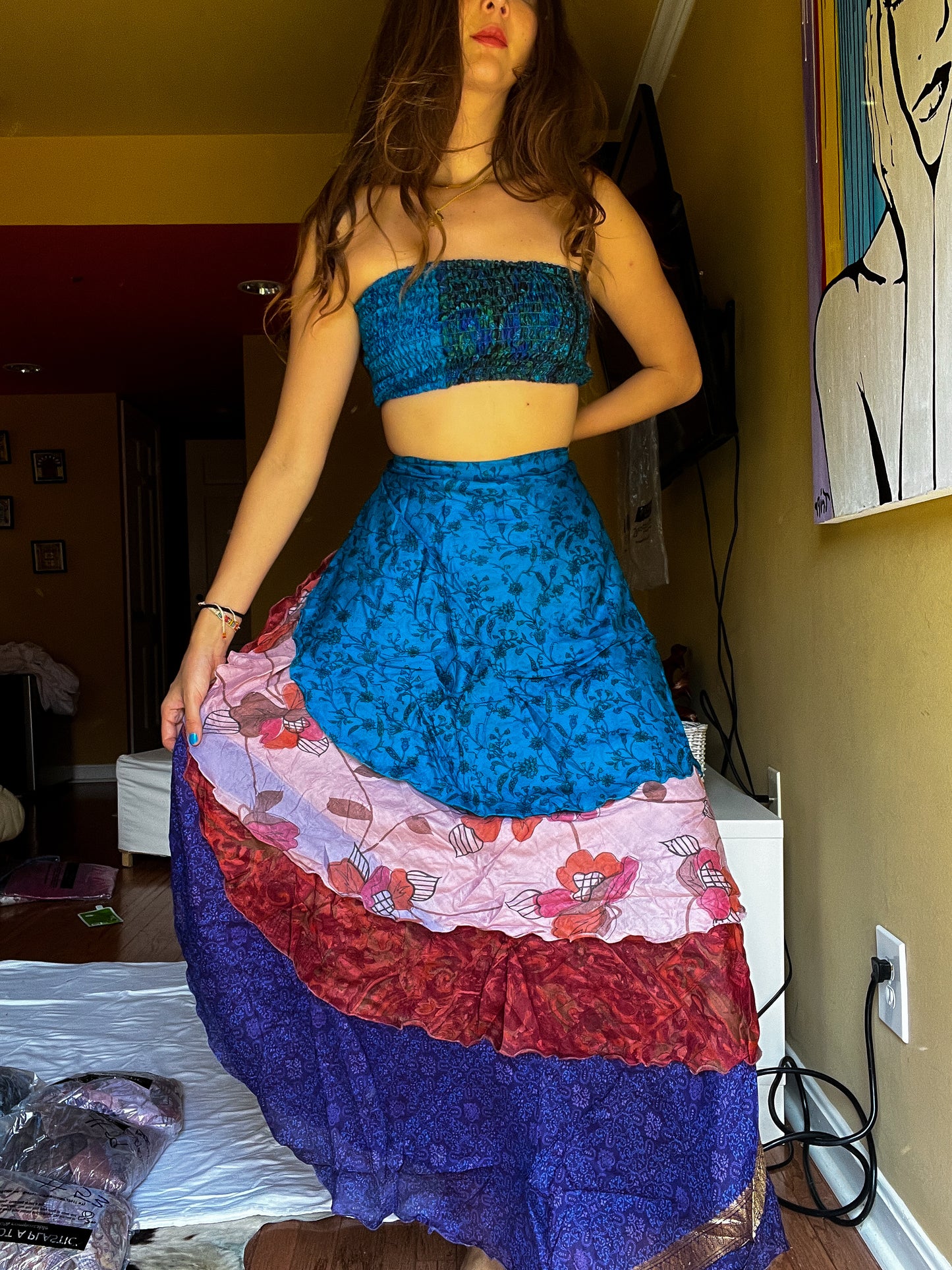 sari wrap skirt #70- Blue, orange, purple