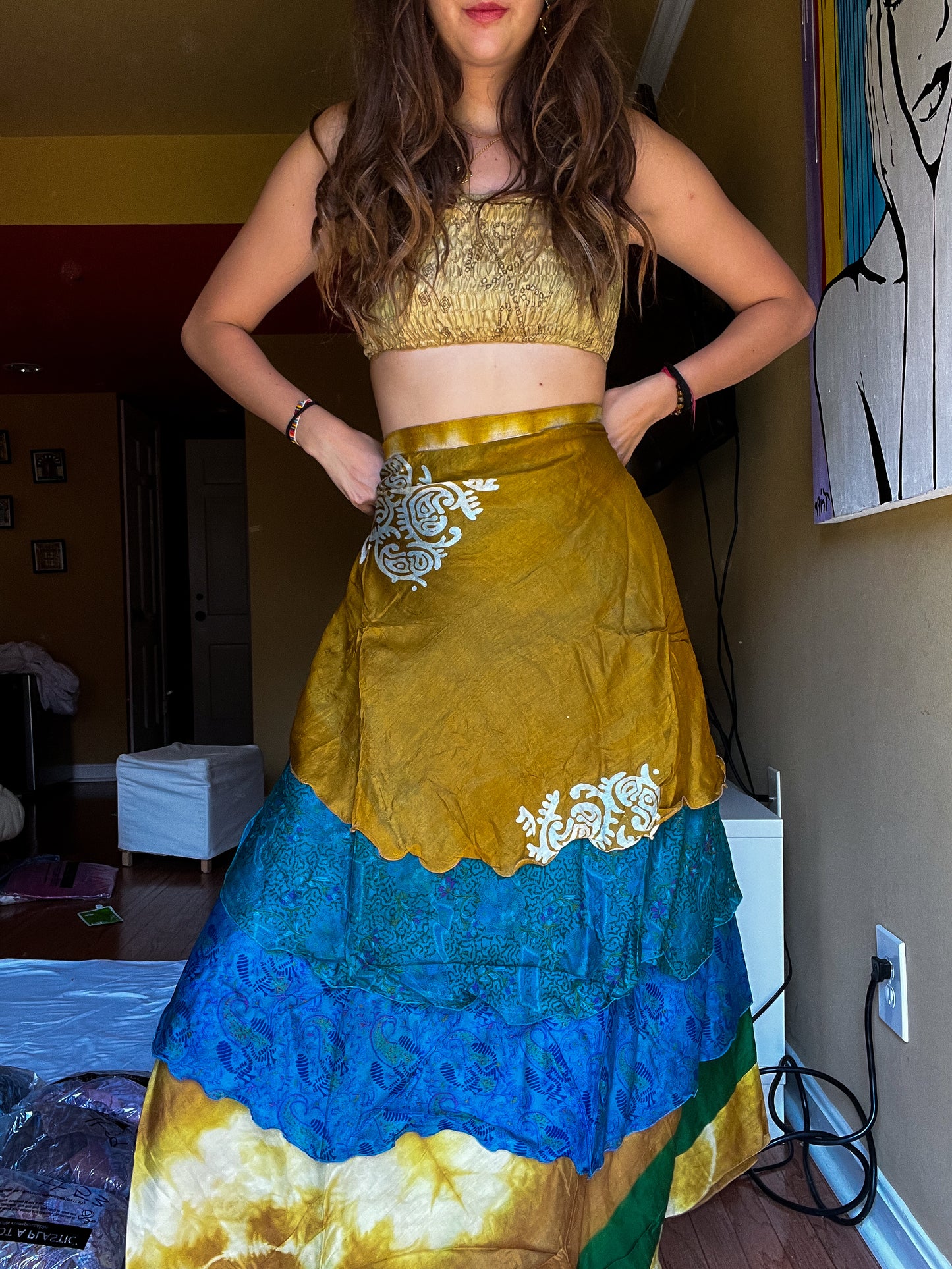 sari wrap skirt #71- gold, blue