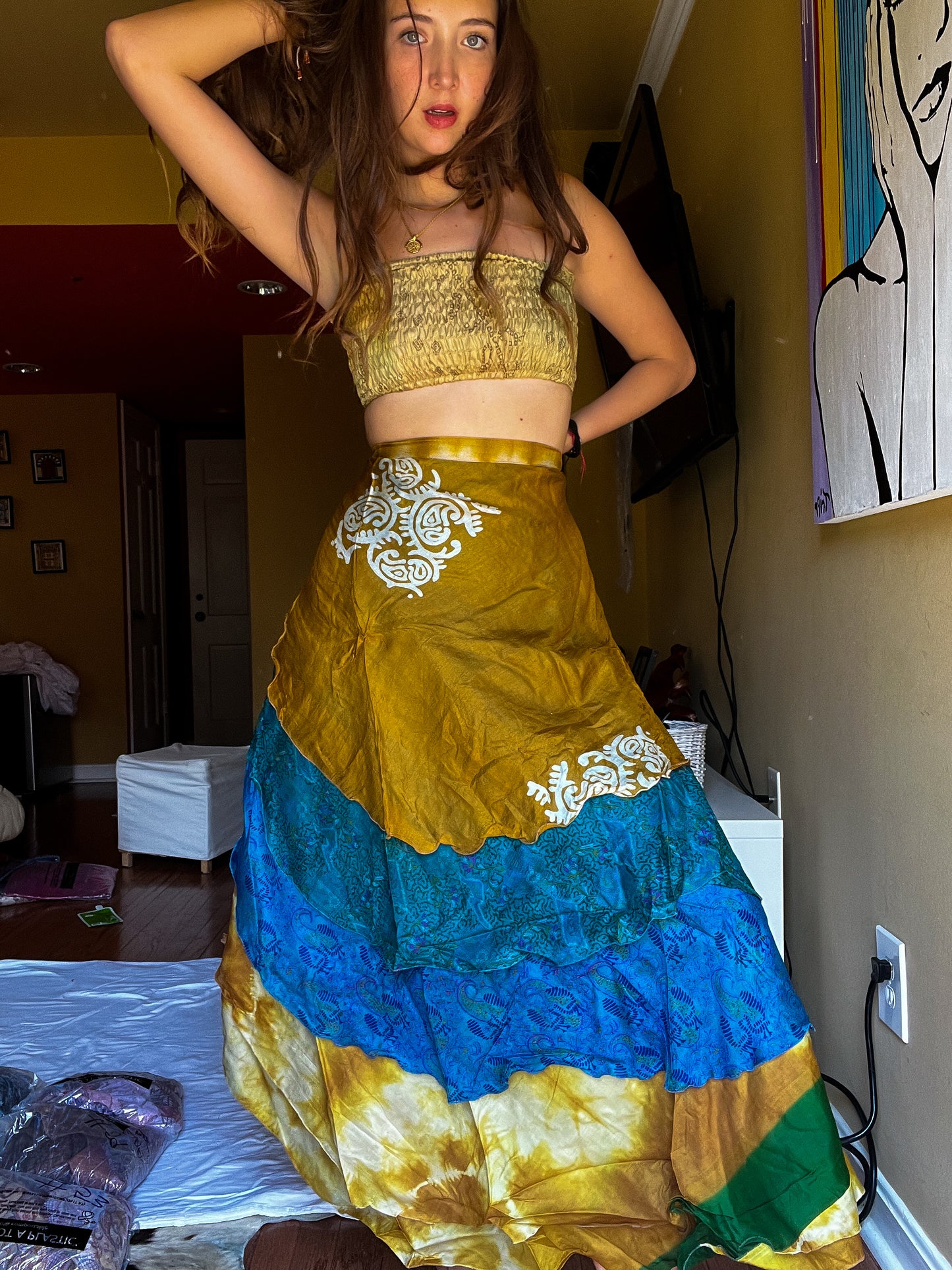 sari wrap skirt #71- gold, blue