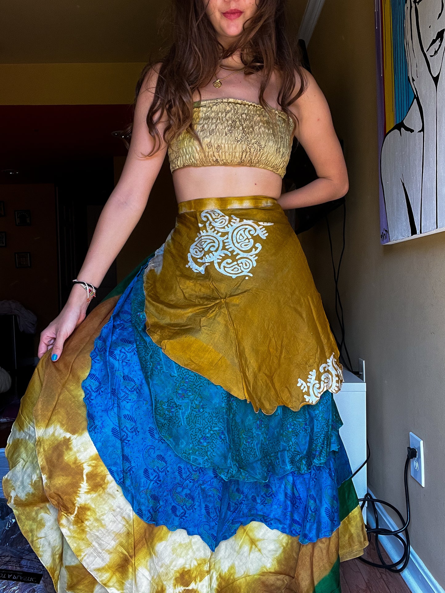 sari wrap skirt #71- gold, blue