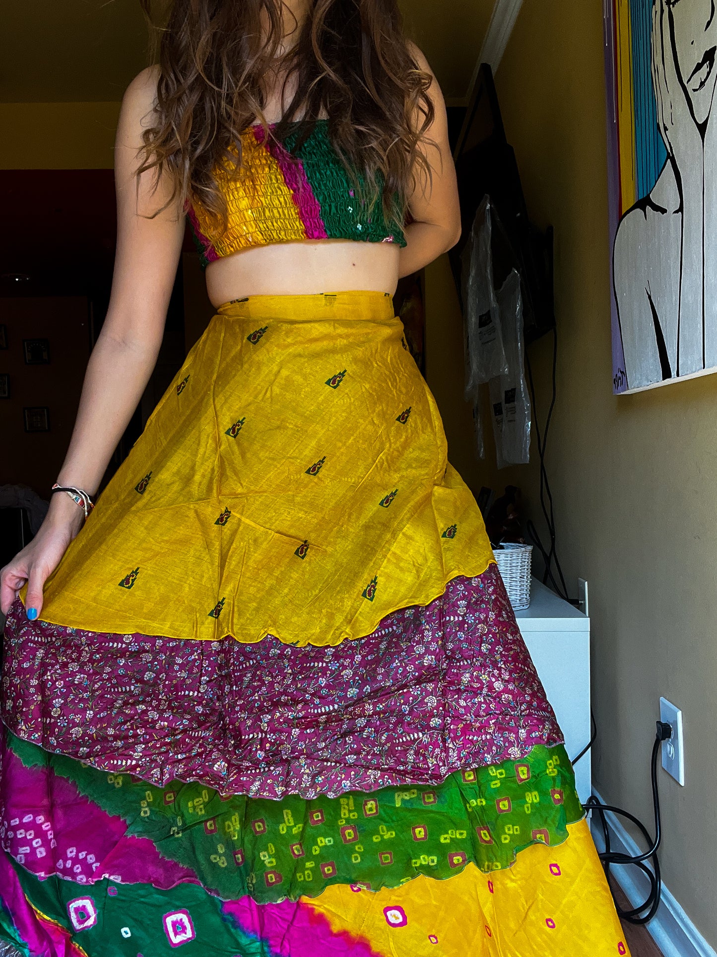 sari wrap skirt #73- Green, pink, yellow