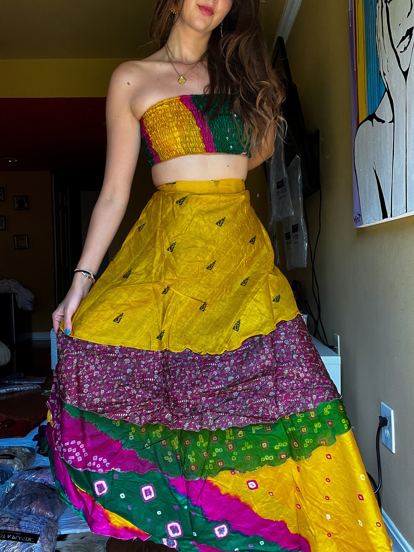 sari wrap skirt #73- Green, pink, yellow