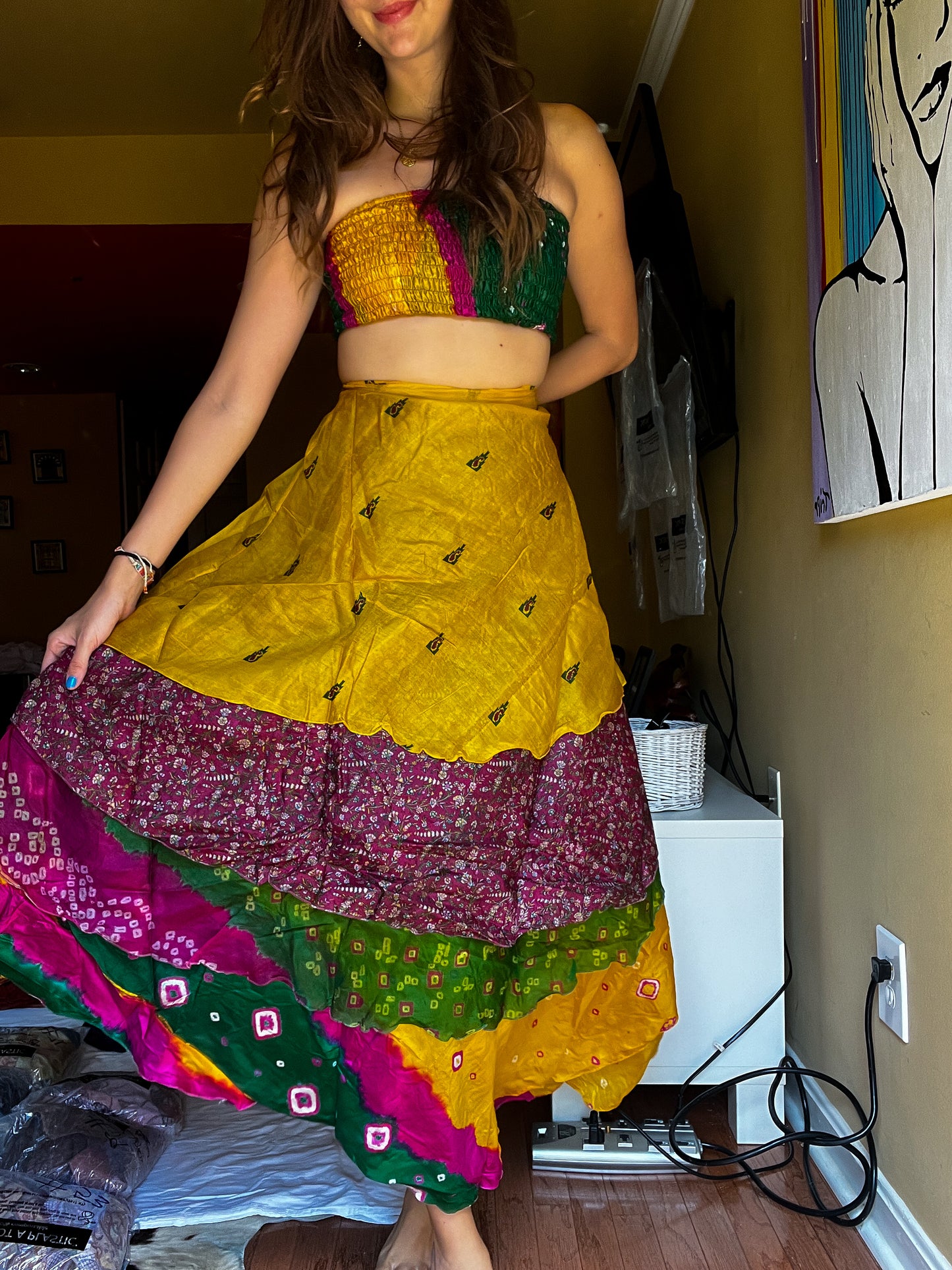 sari wrap skirt #73- Green, pink, yellow