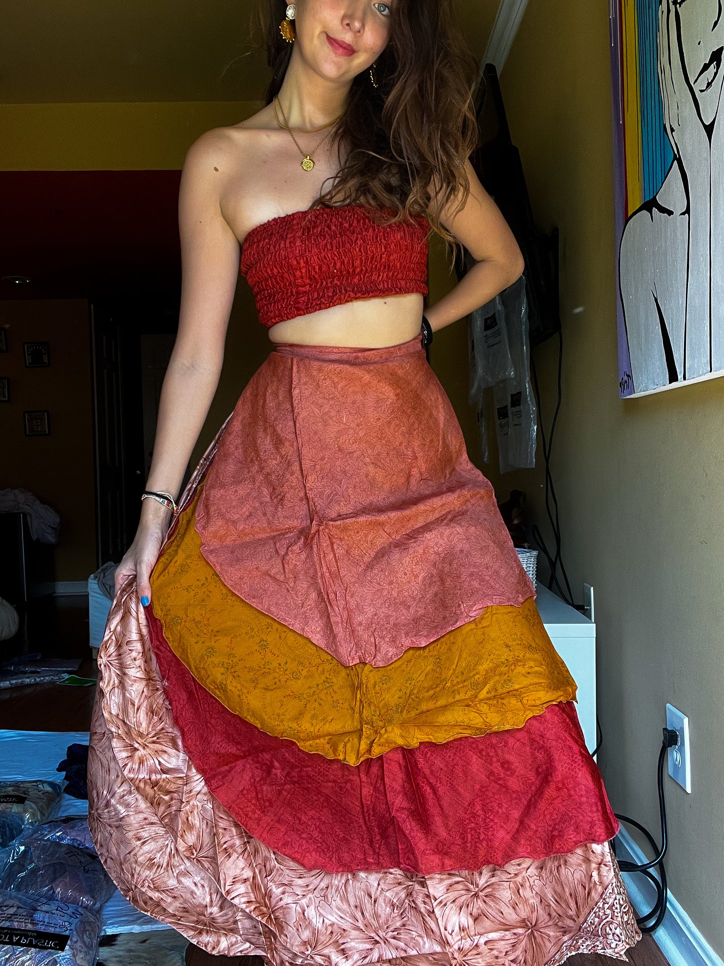 sari wrap skirt #75- red, orange, brown