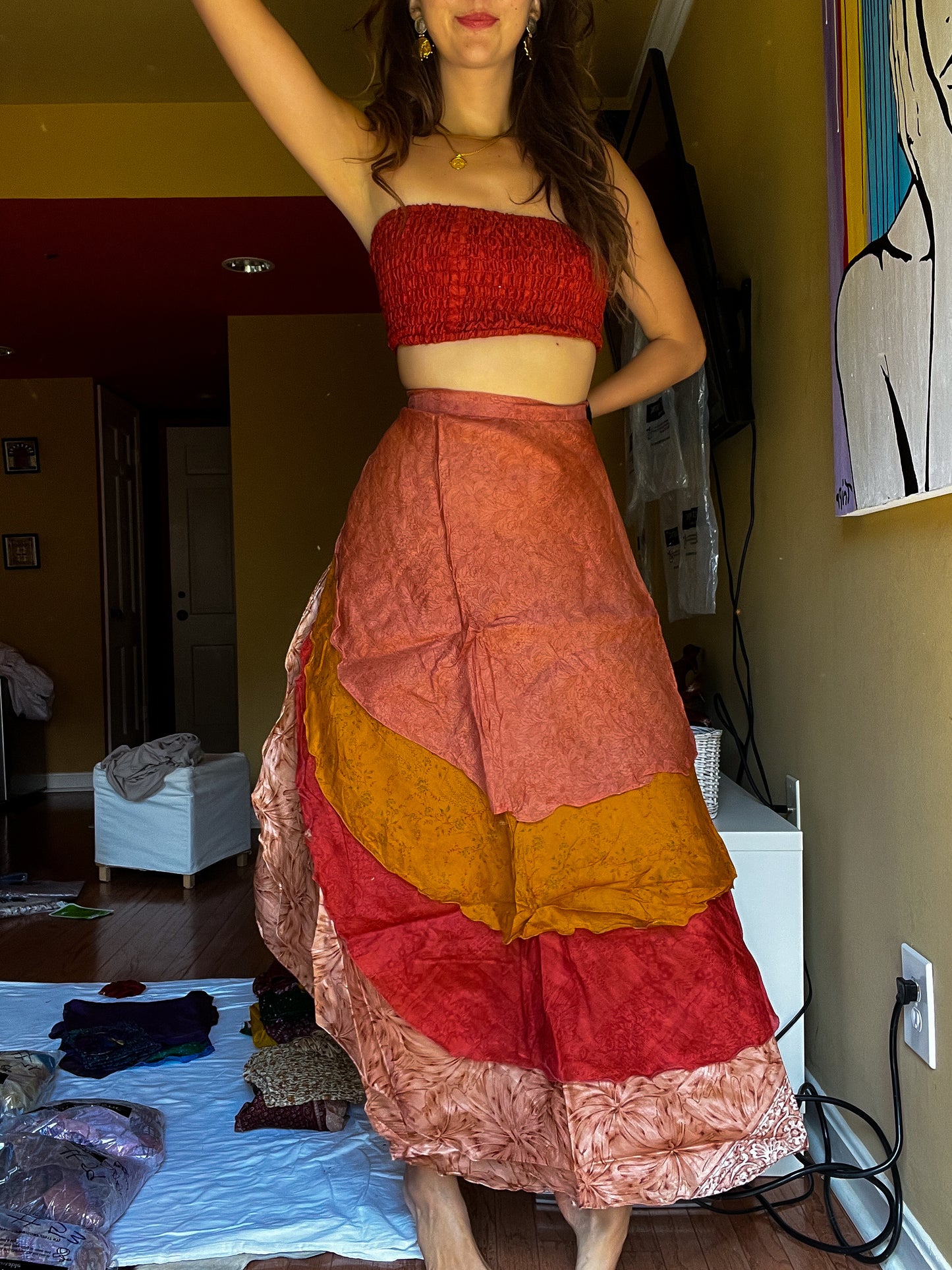 sari wrap skirt #75- red, orange, brown