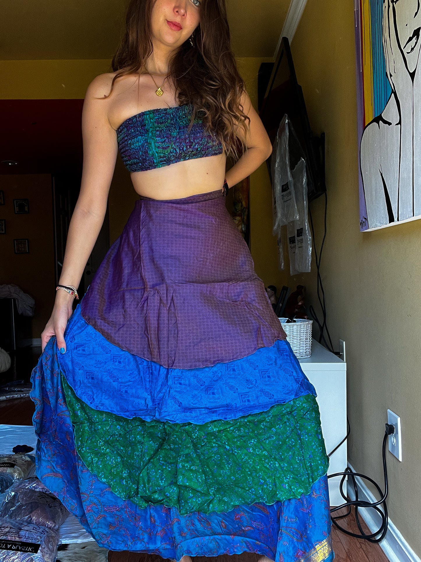 sari wrap skirt #76- blue, green, purple