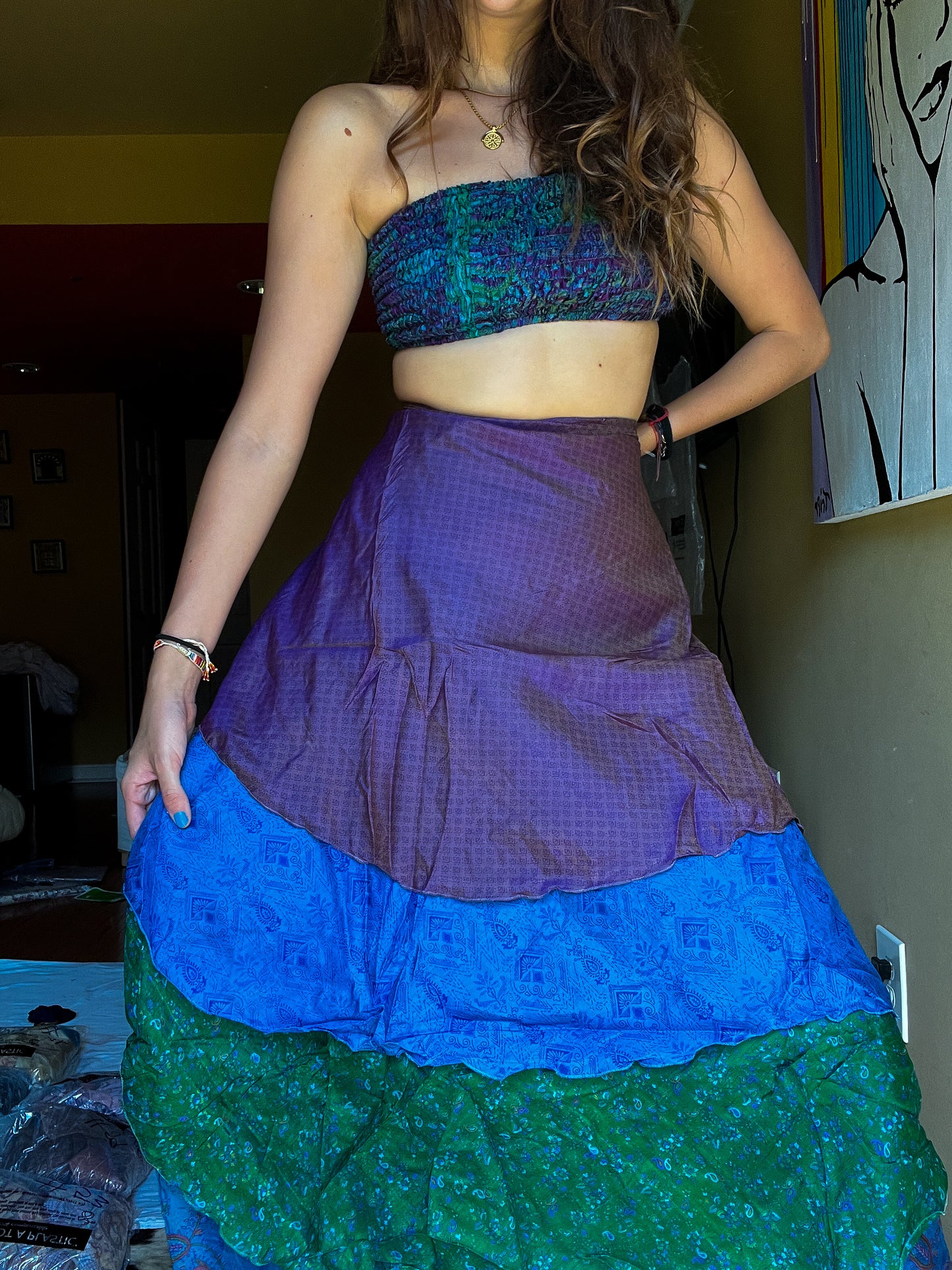 sari wrap skirt #76- blue, green, purple