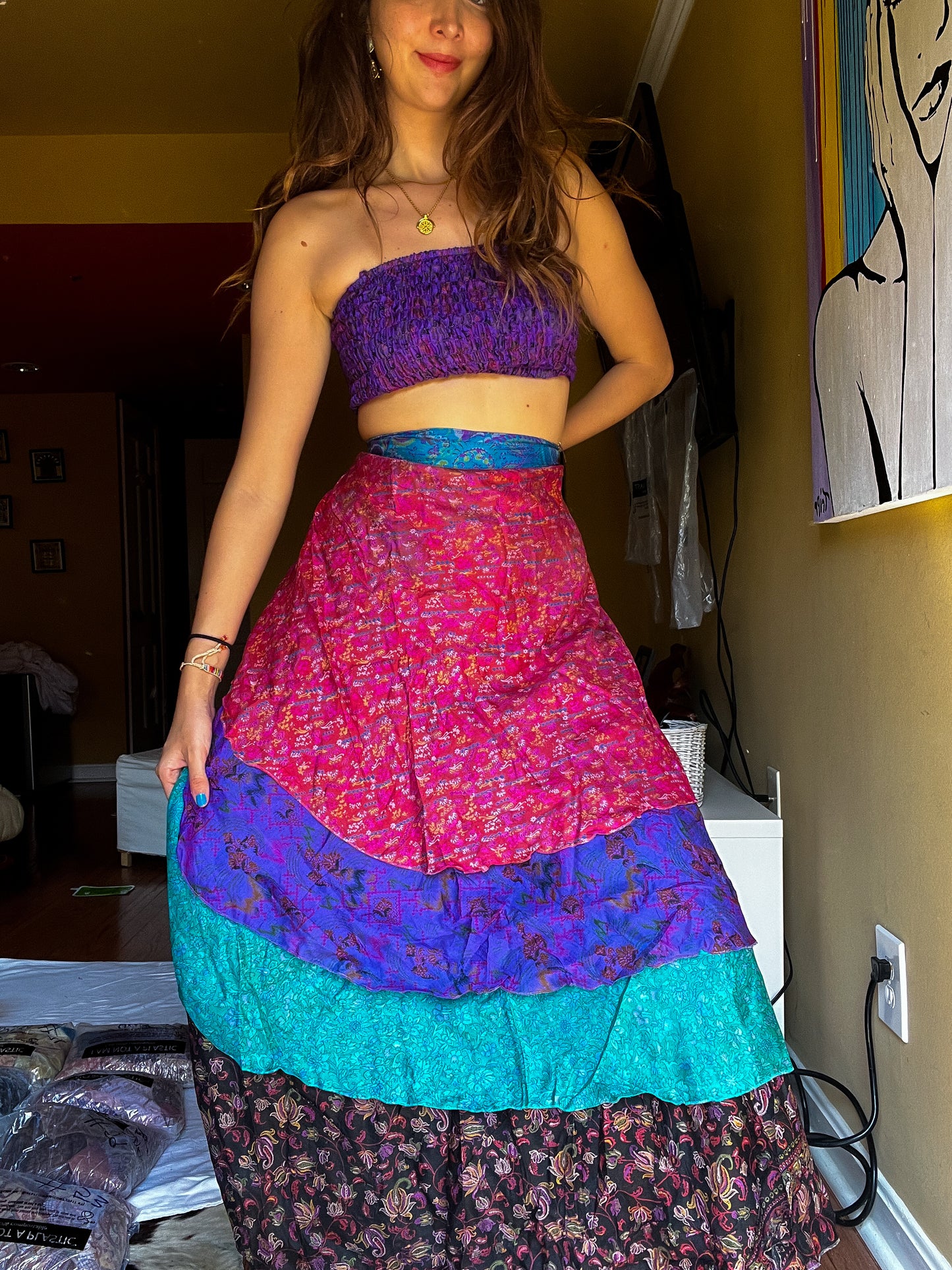 sari wrap skirt #81- pink, purple, green