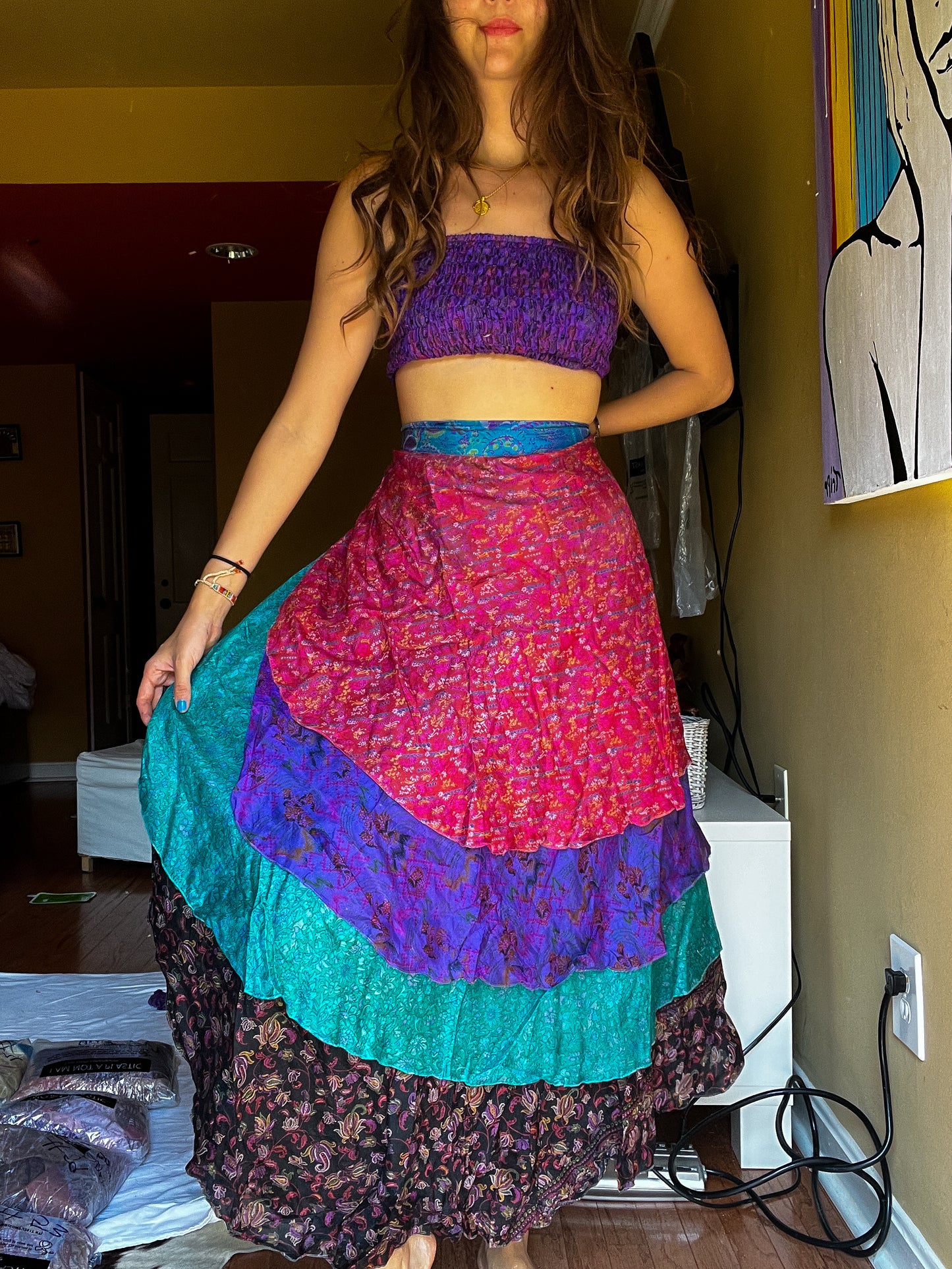 sari wrap skirt #81- pink, purple, green