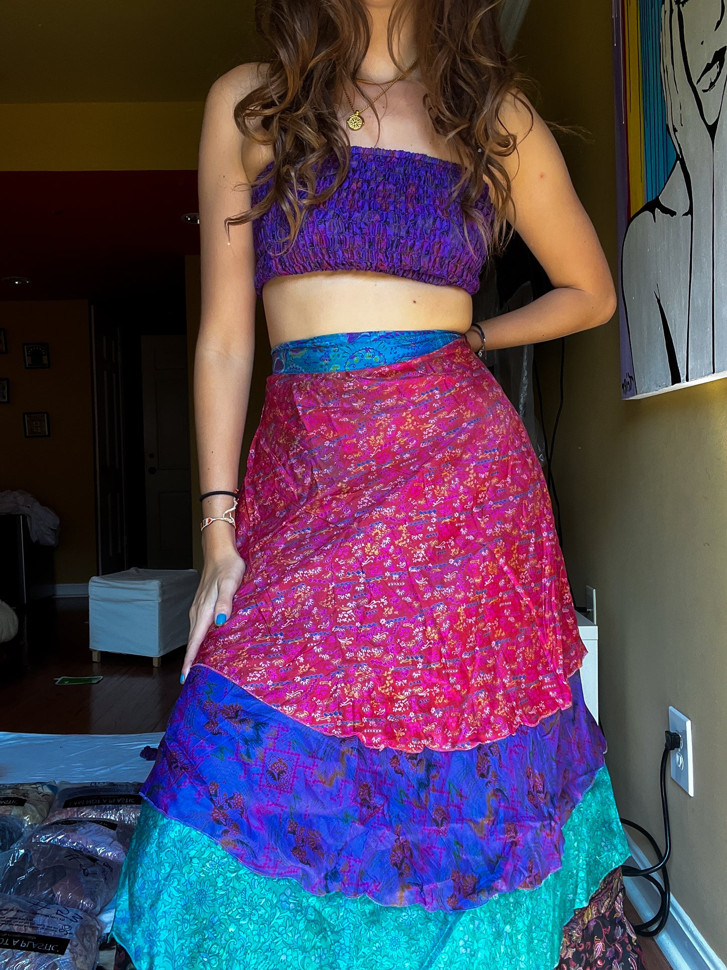 sari wrap skirt #81- pink, purple, green