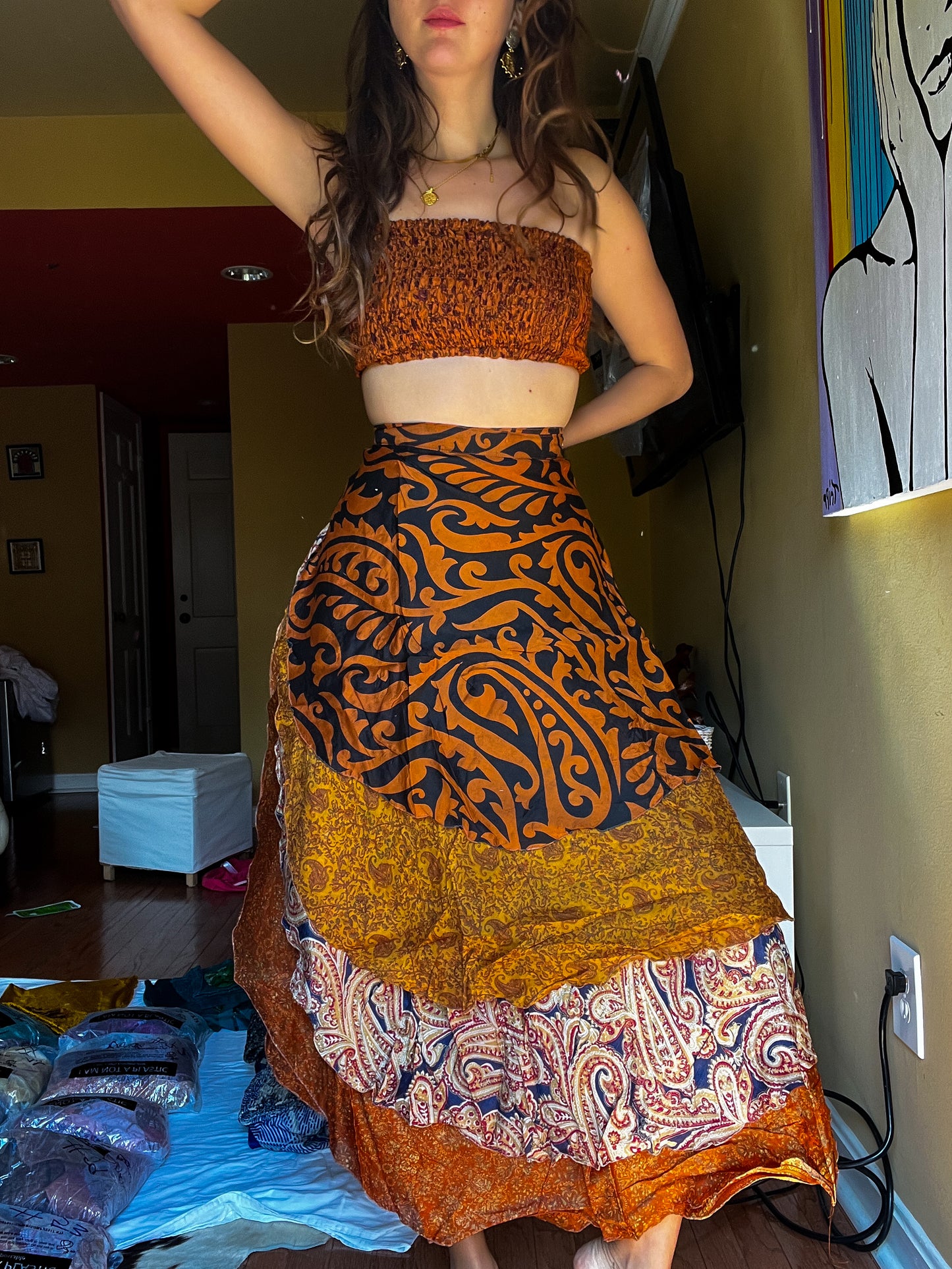 sari wrap skirt #84- orange, brown