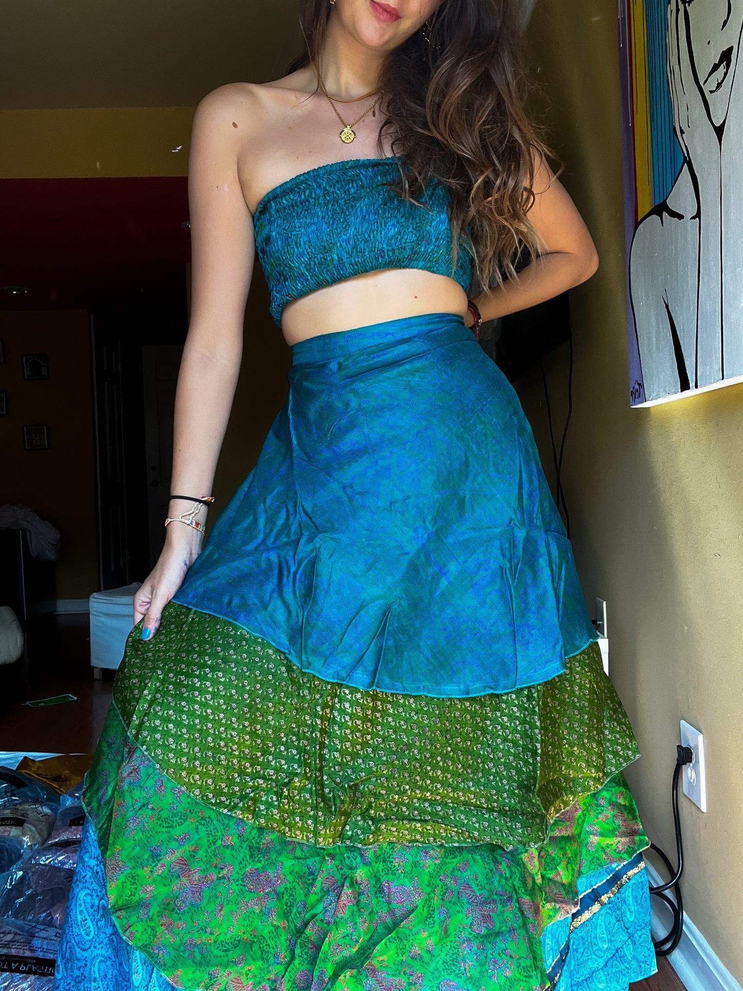 sari wrap skirt #85- green, blue