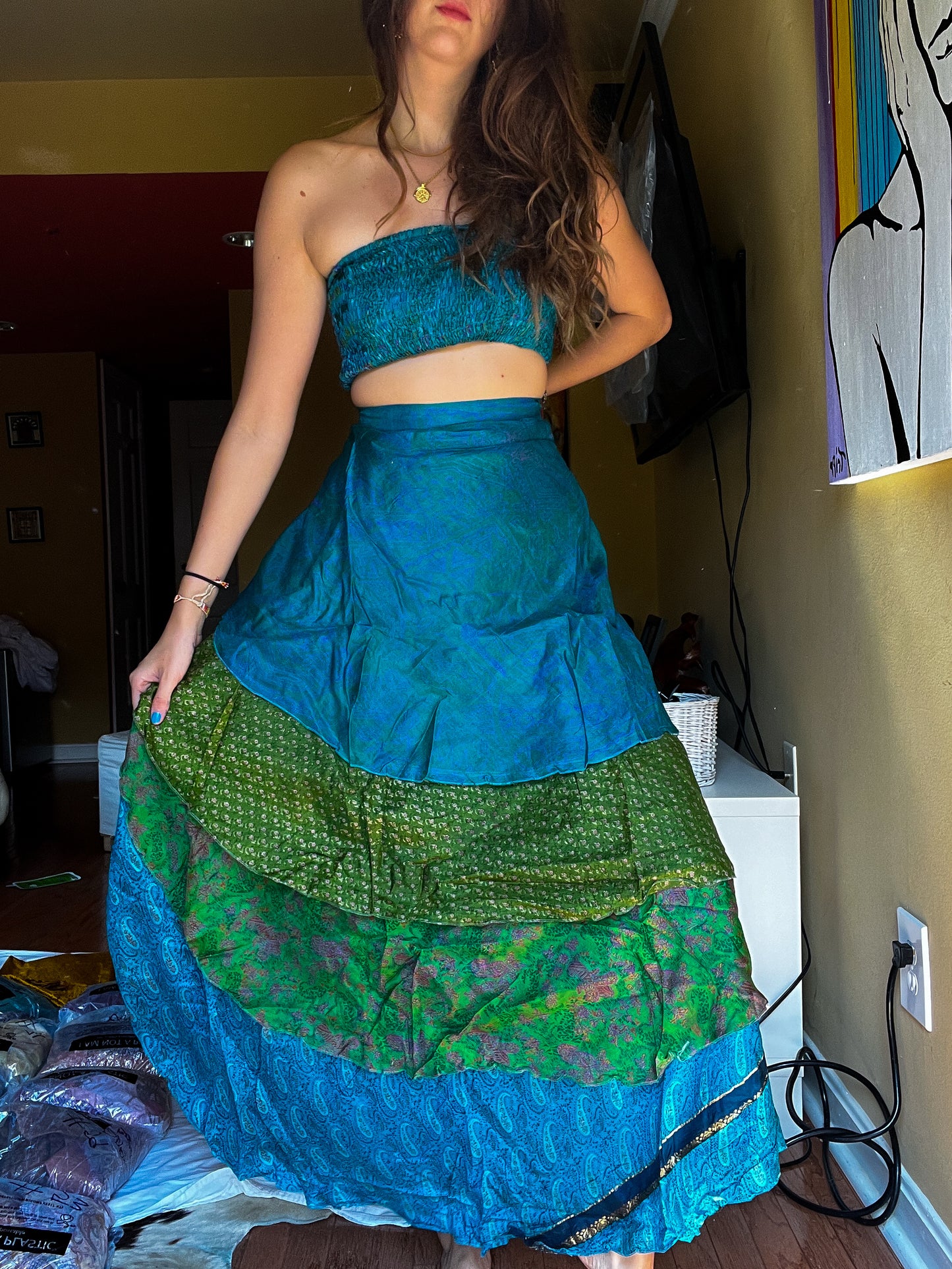sari wrap skirt #85- green, blue