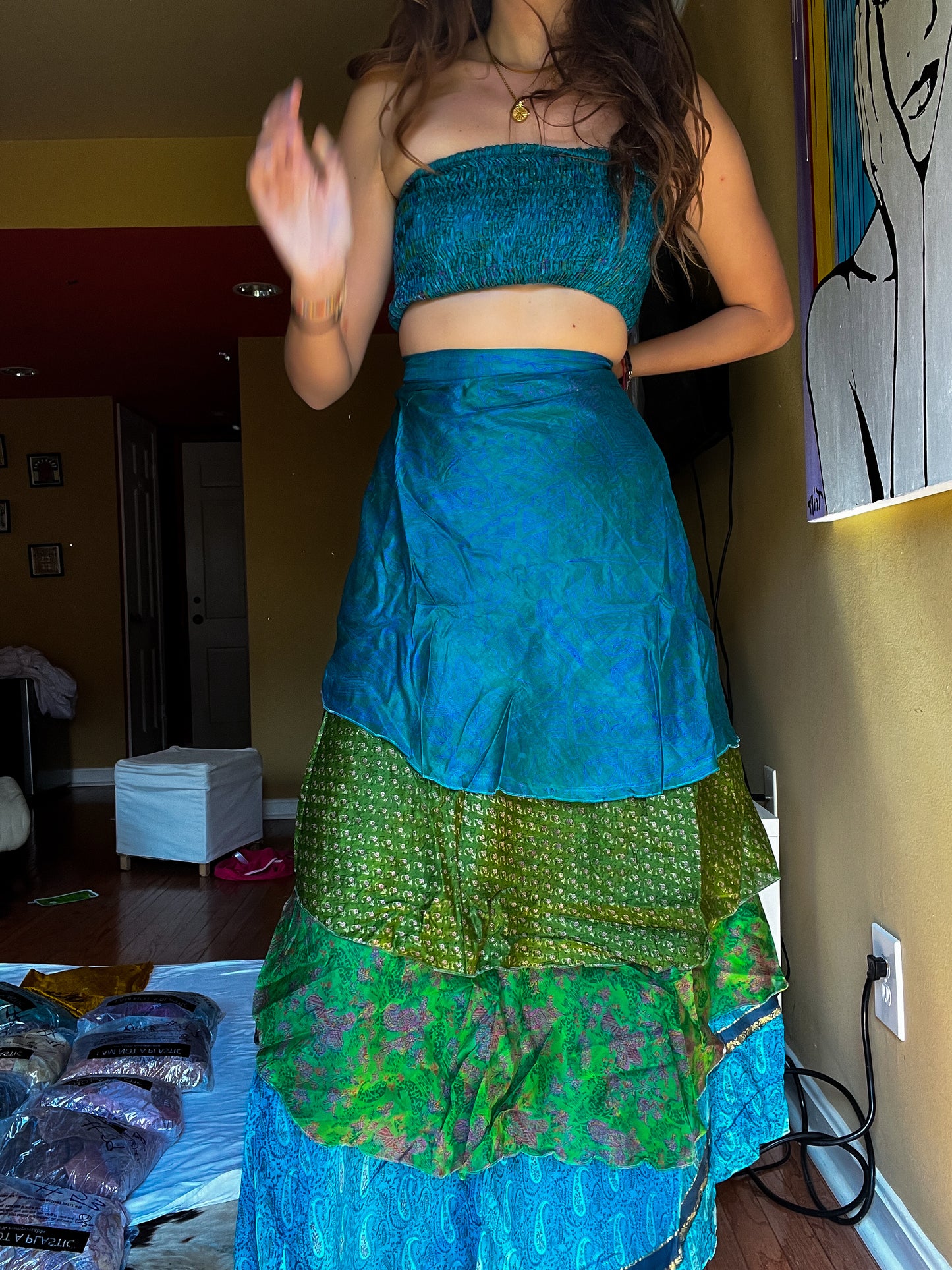 sari wrap skirt #85- green, blue