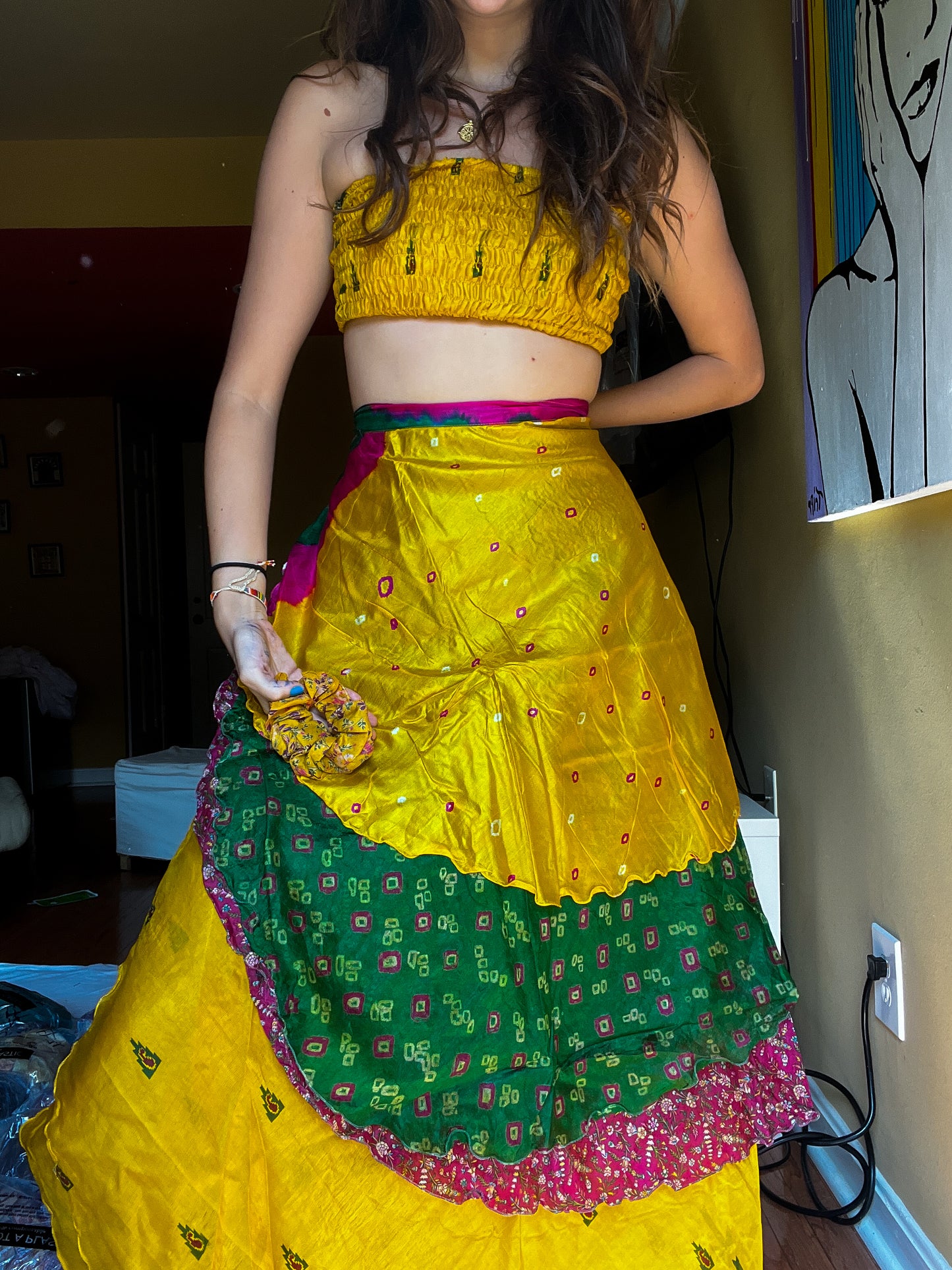sari wrap skirt #86- yellow, green, pink