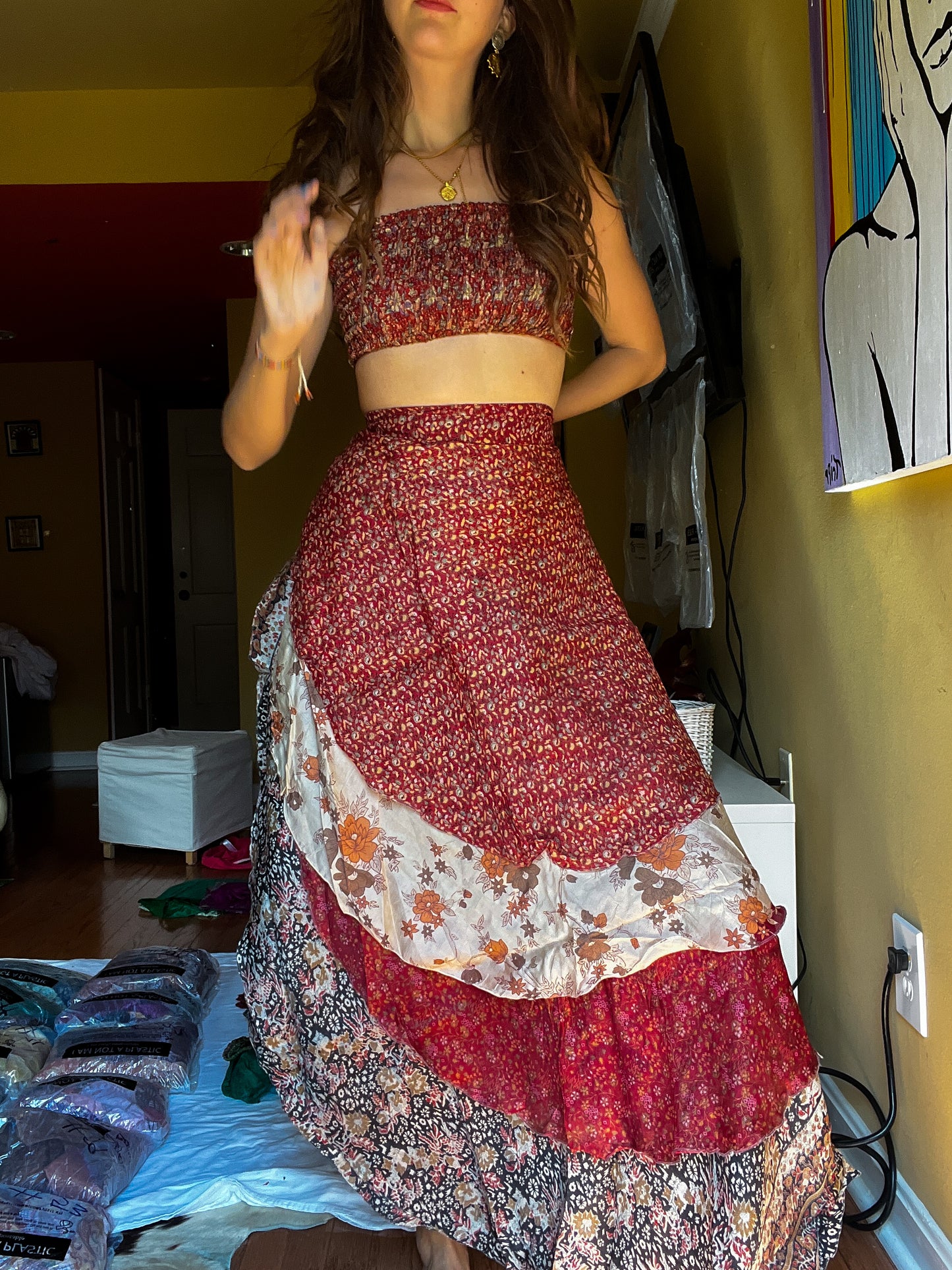 sari wrap skirt #89- red, white, black
