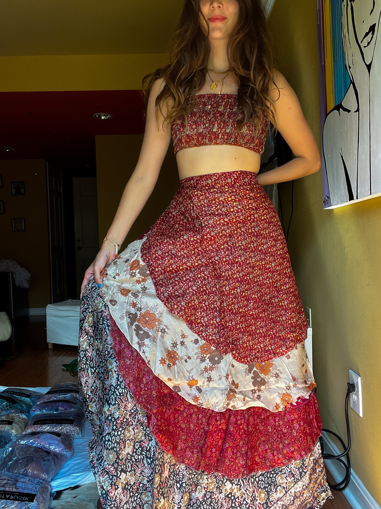 sari wrap skirt #89- red, white, black