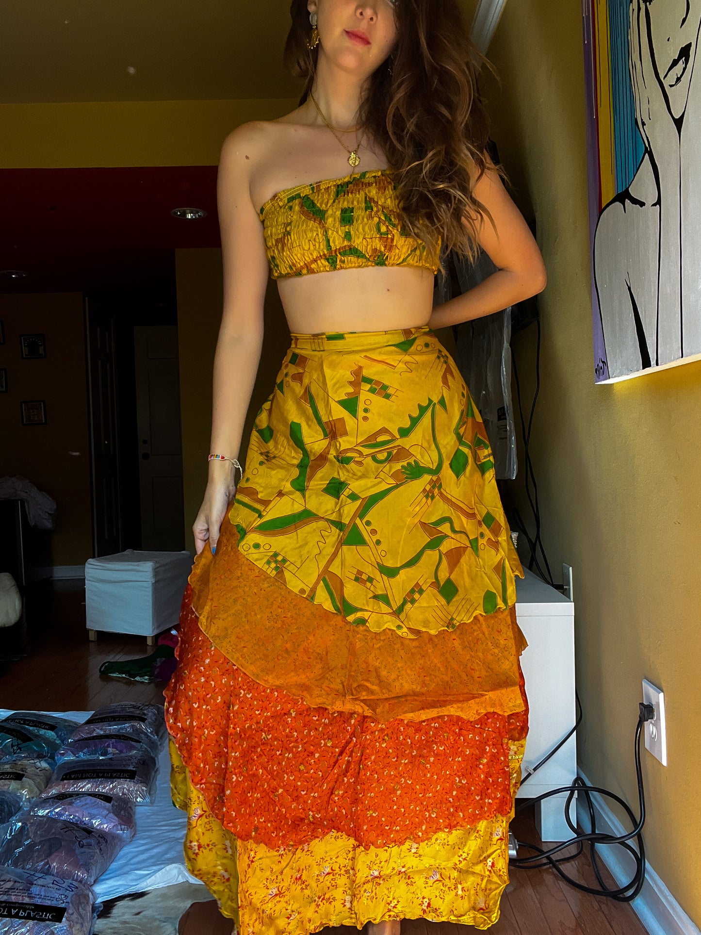 sari wrap skirt #91- yellow, orange