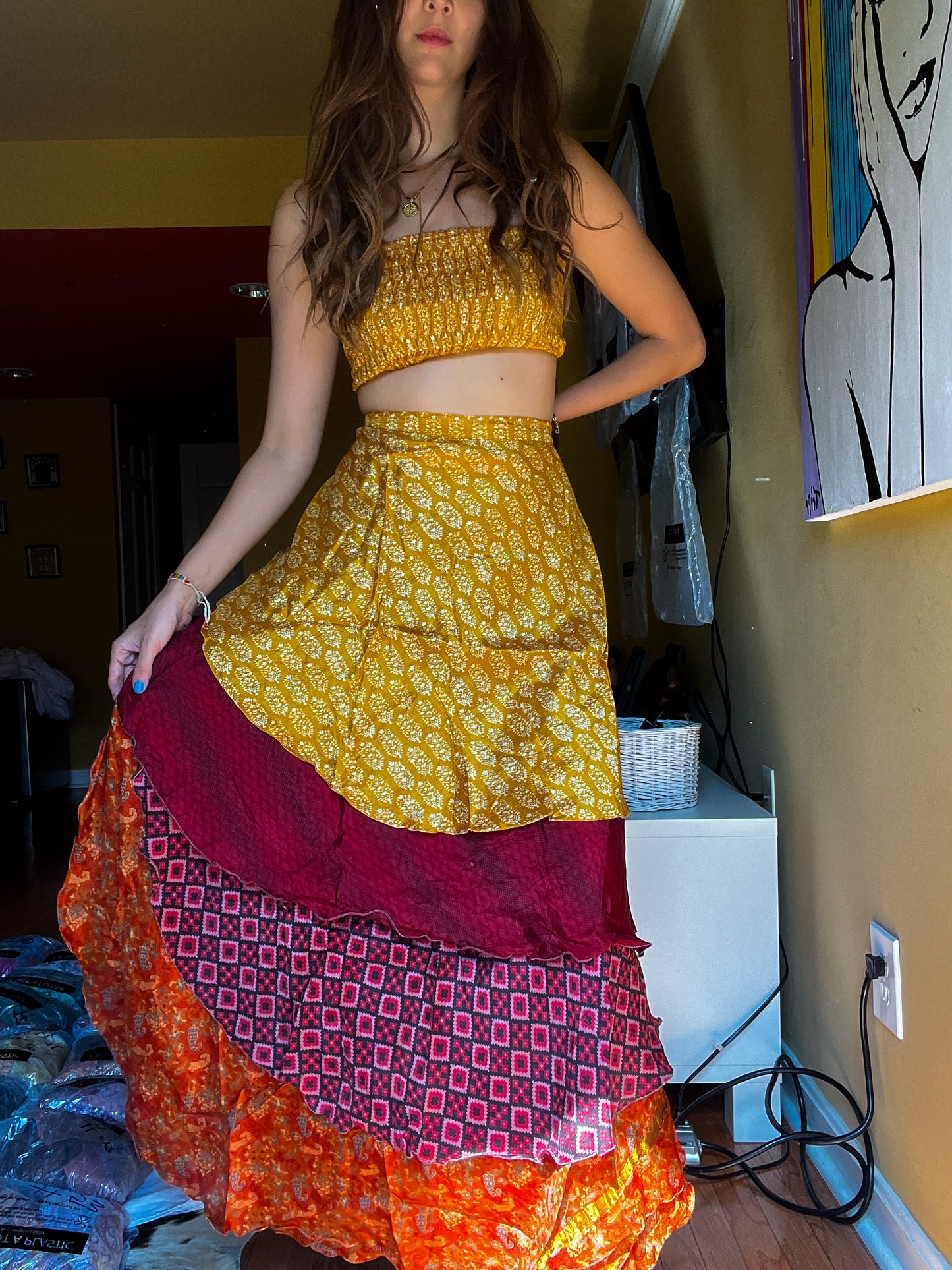sari wrap skirt #93- yellow, brown