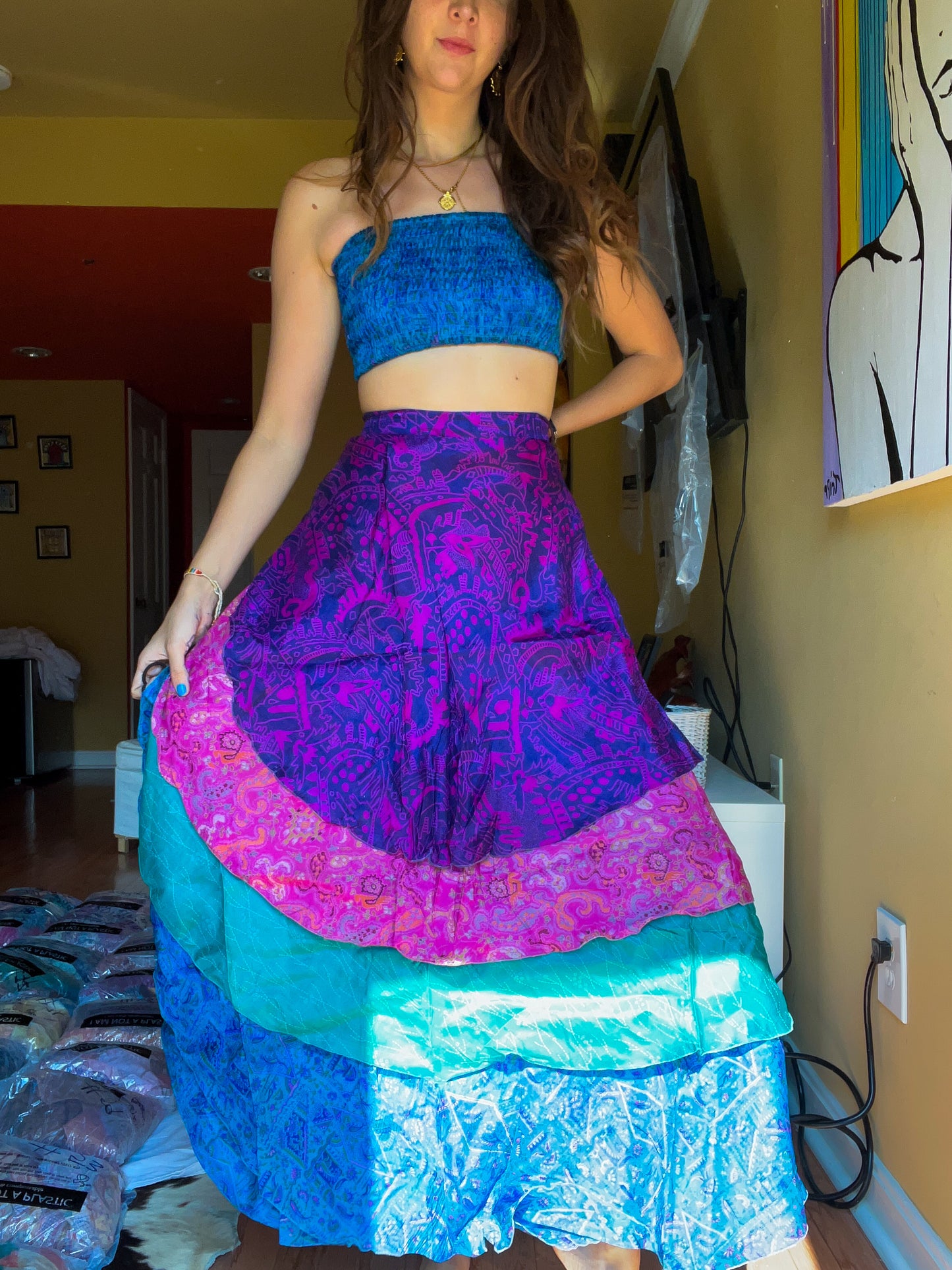 sari wrap skirt #98- pink, blue