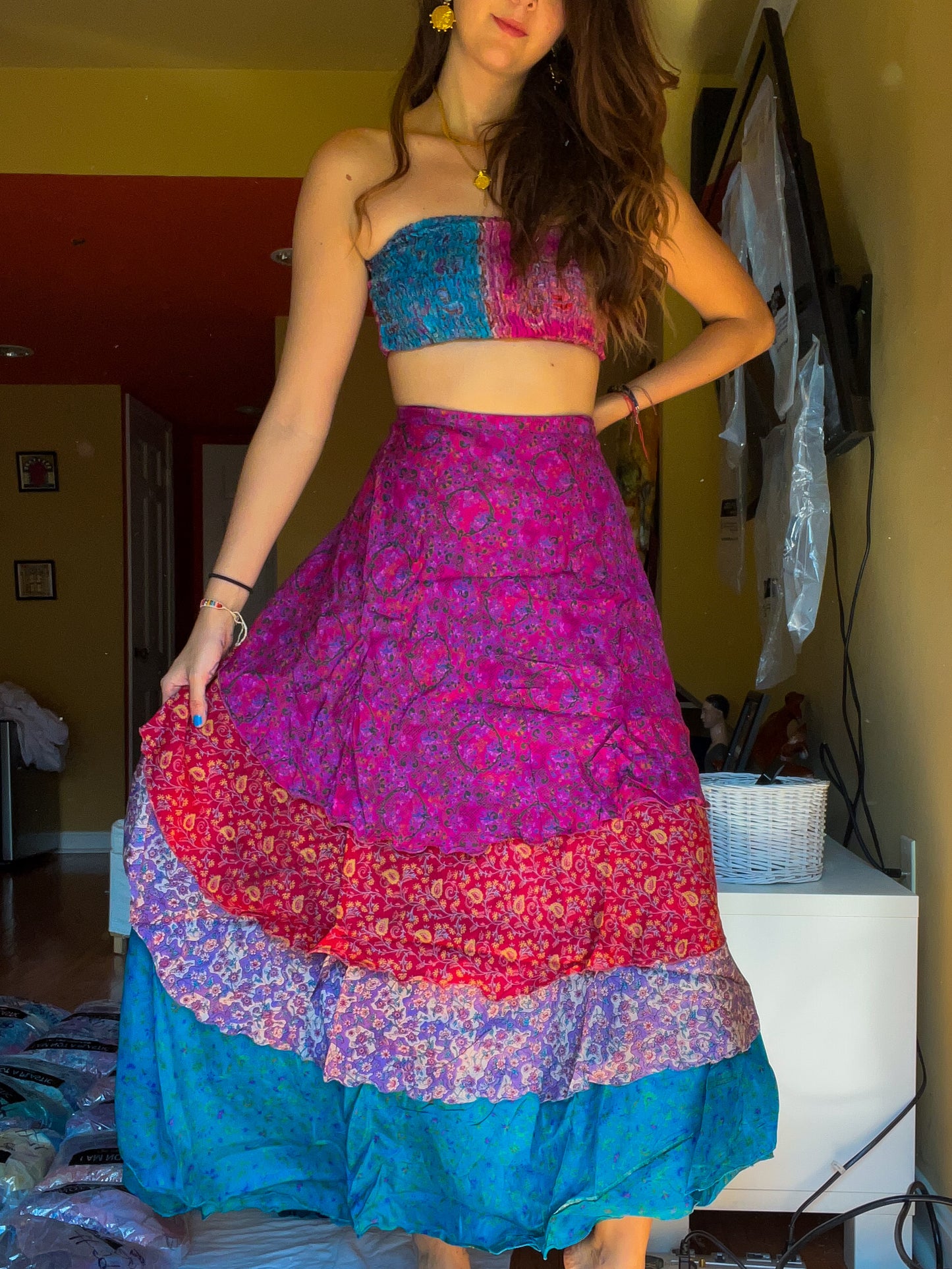 sari wrap skirt #100- pink, blue, red