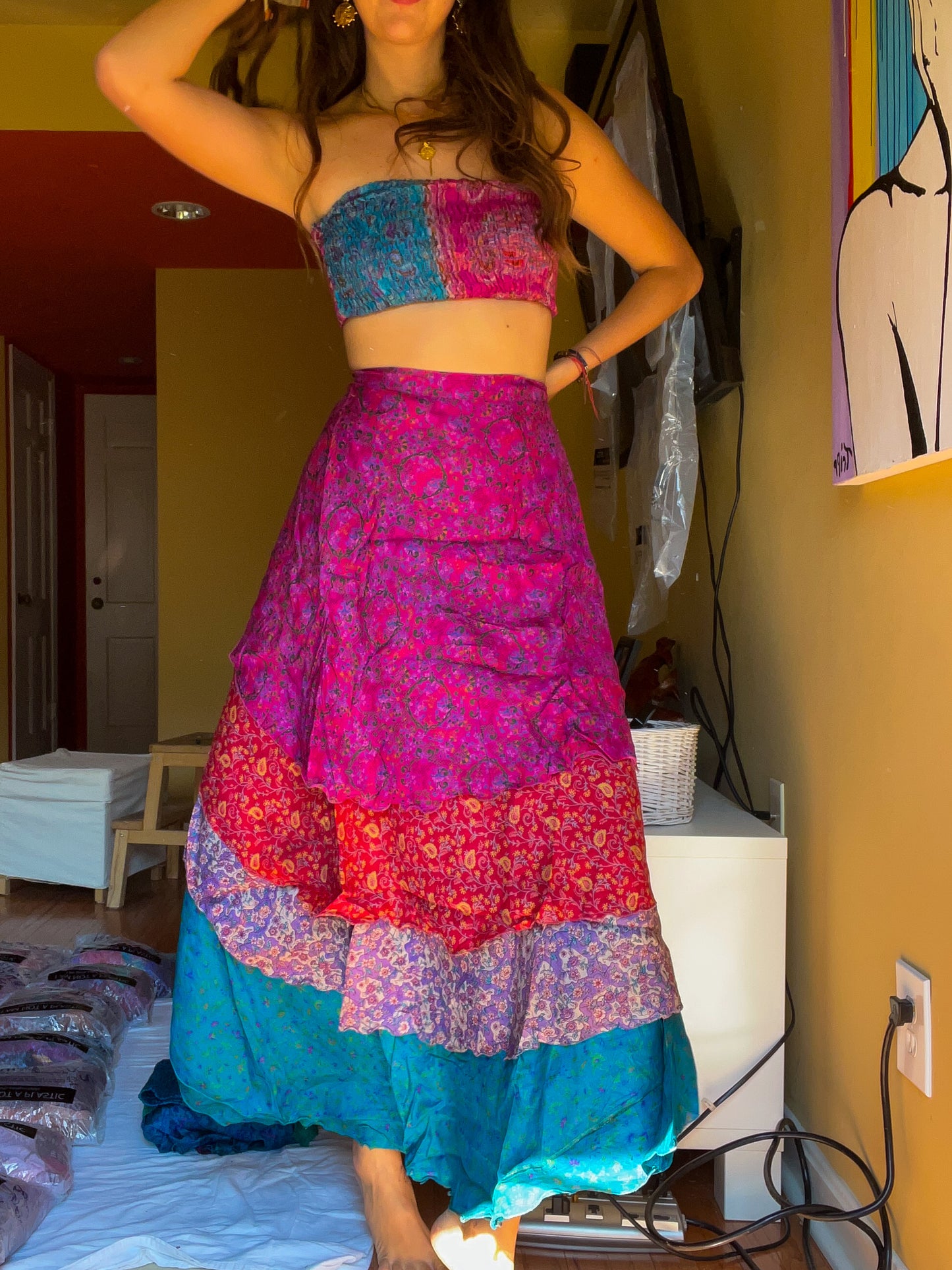 sari wrap skirt #100- pink, blue, red