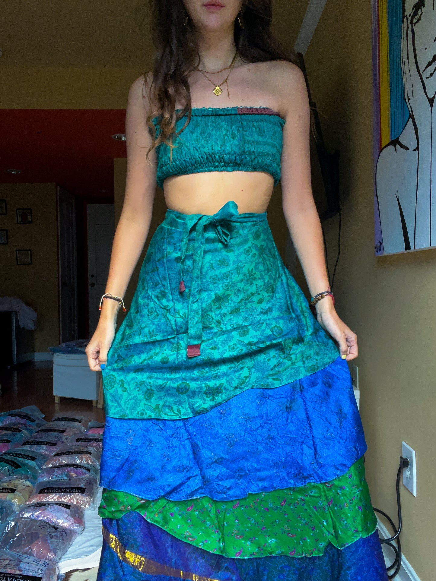 sari wrap skirt #102- green, blue