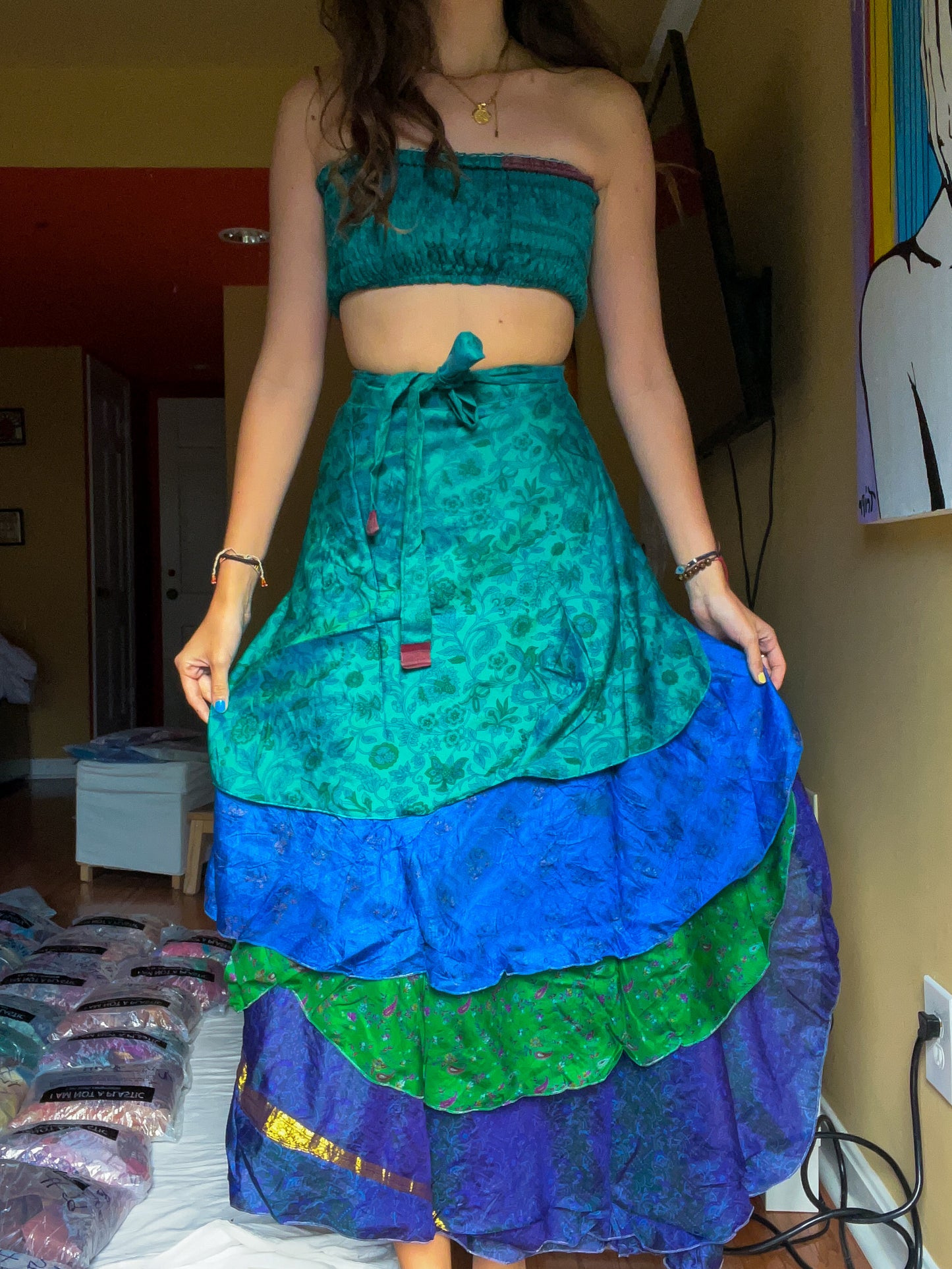 sari wrap skirt #102- green, blue
