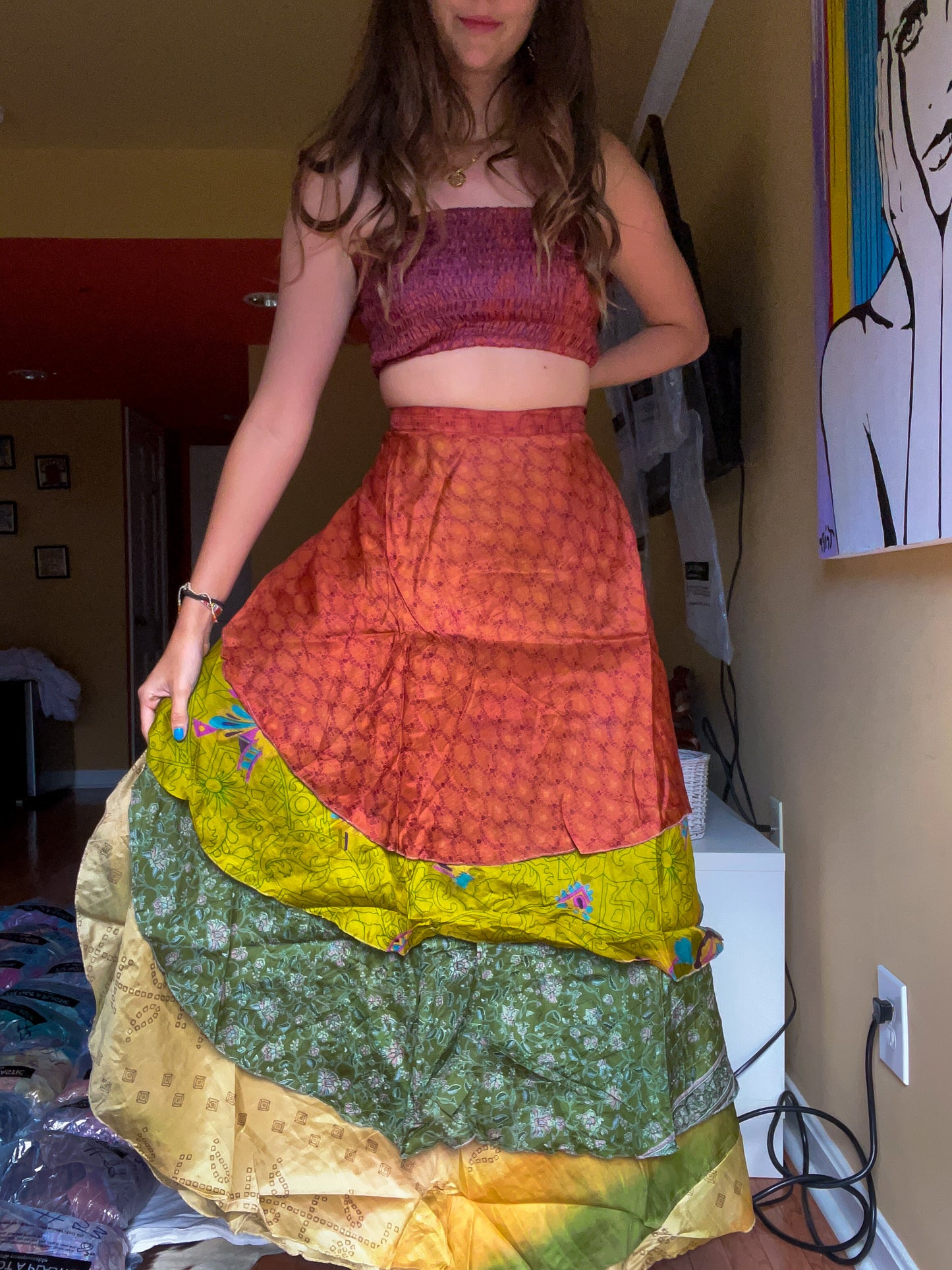 sari wrap skirt #103- green, beige, red