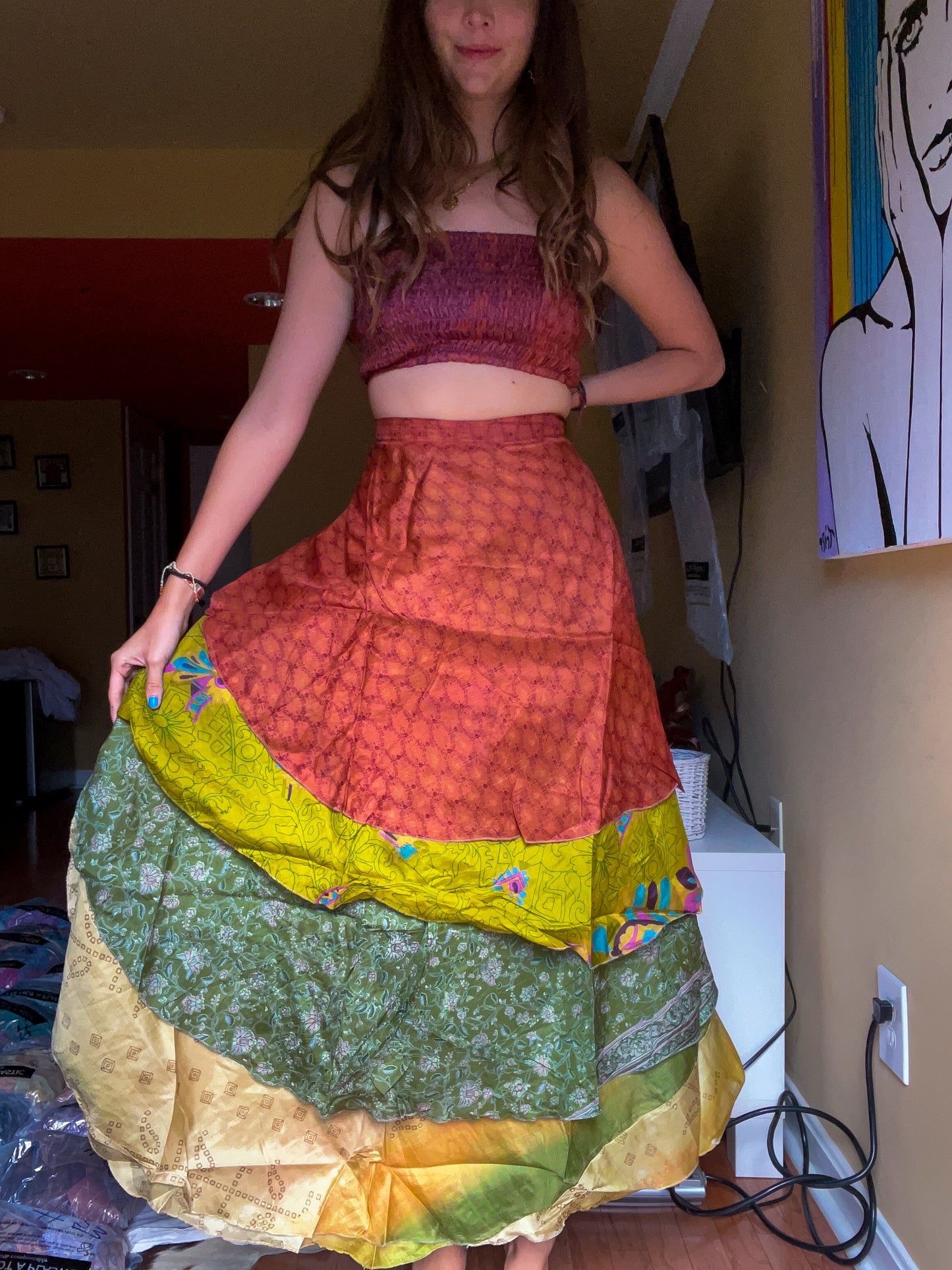 sari wrap skirt #103- green, beige, red