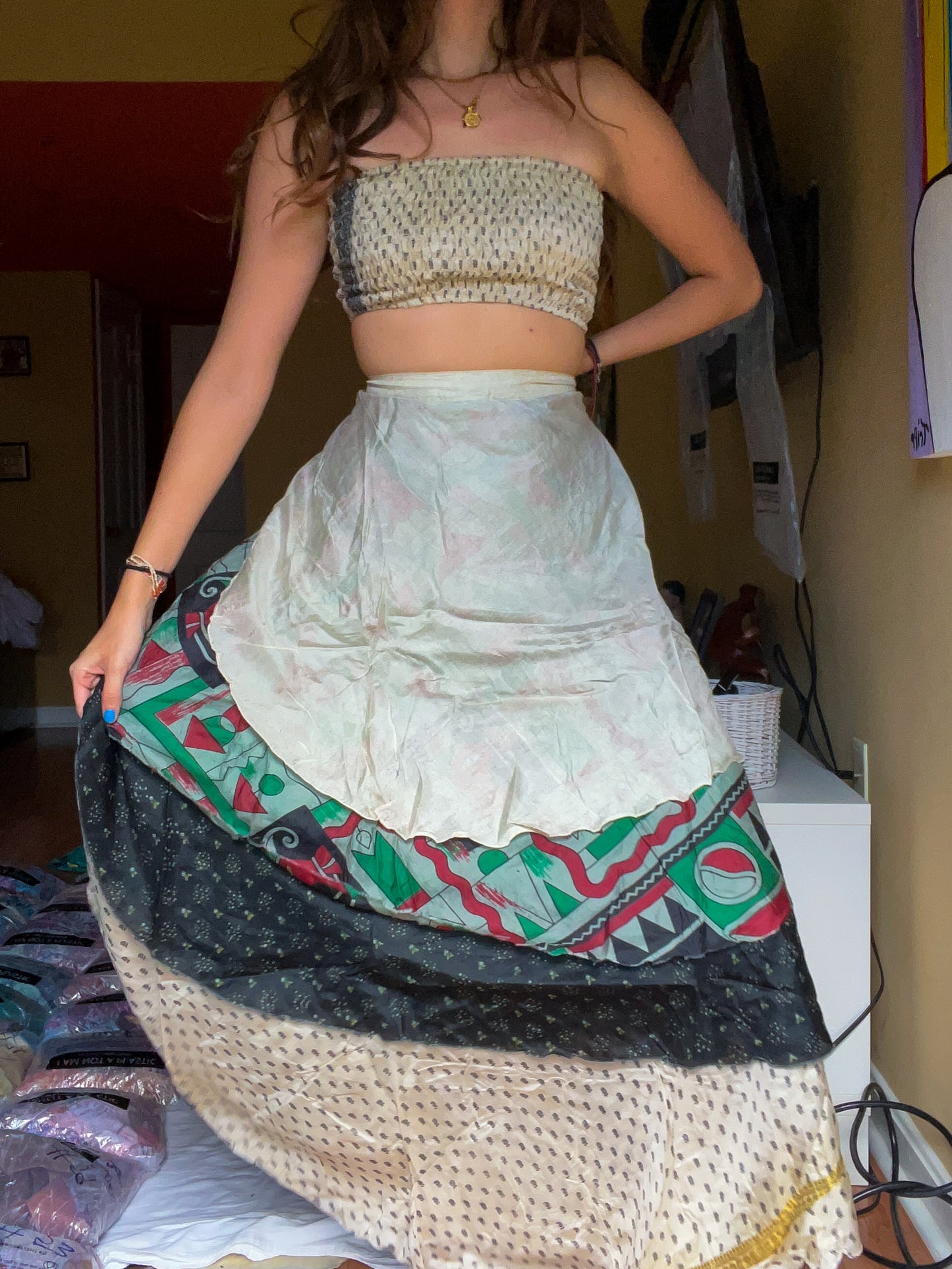 sari wrap skirt #106- black, white