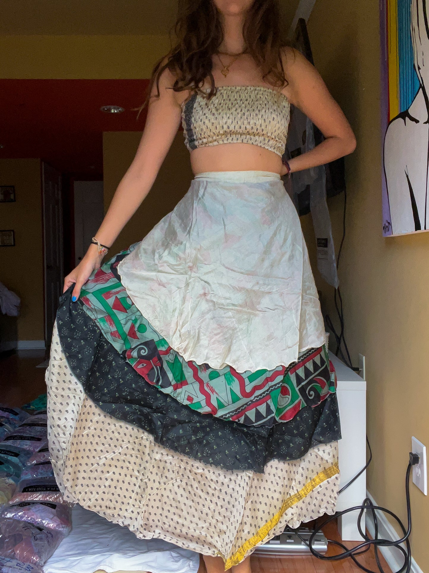 sari wrap skirt #106- black, white