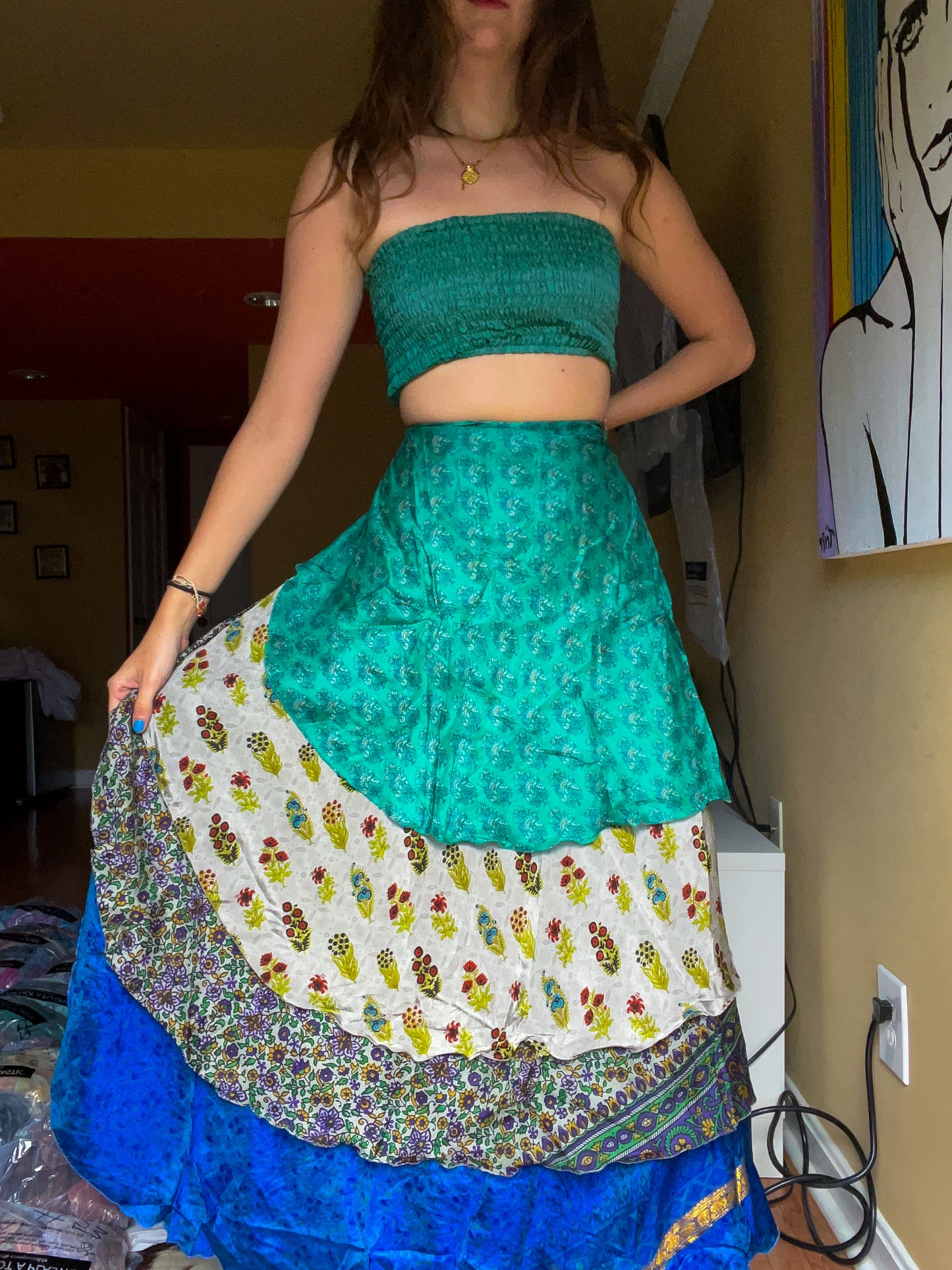 sari wrap skirt #107- green, blue