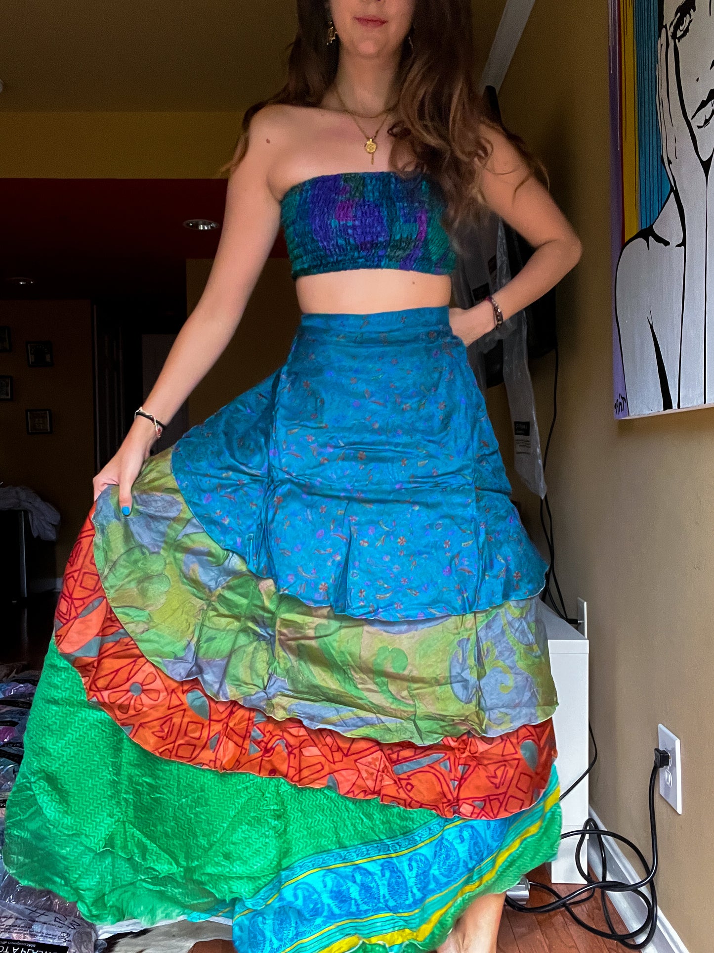 sari wrap skirt #109- green, blue