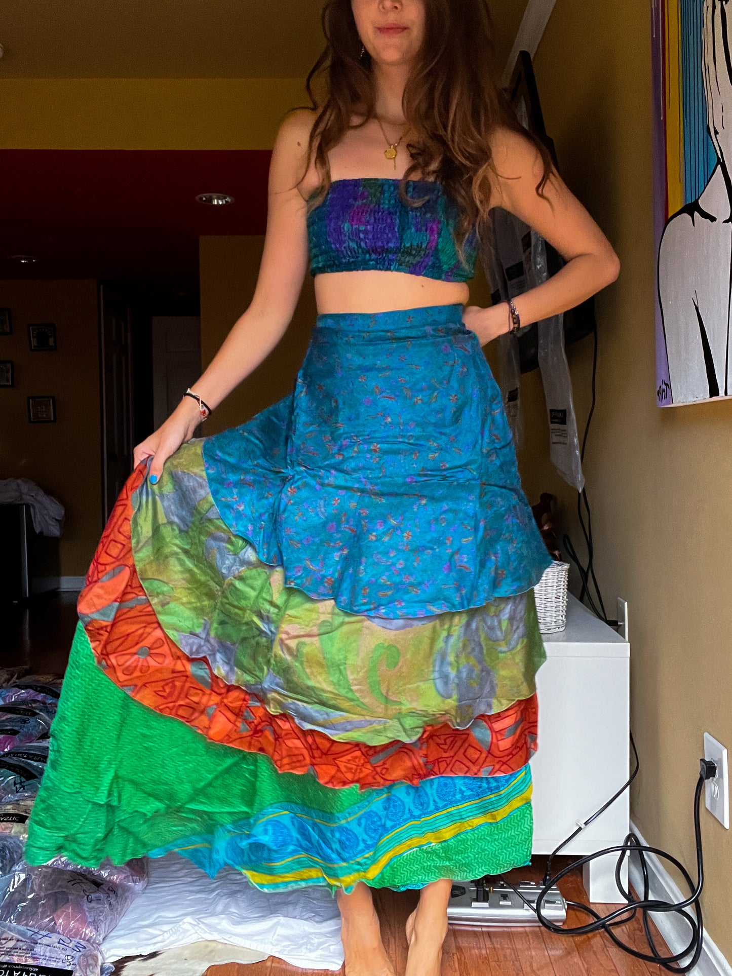 sari wrap skirt #109- green, blue