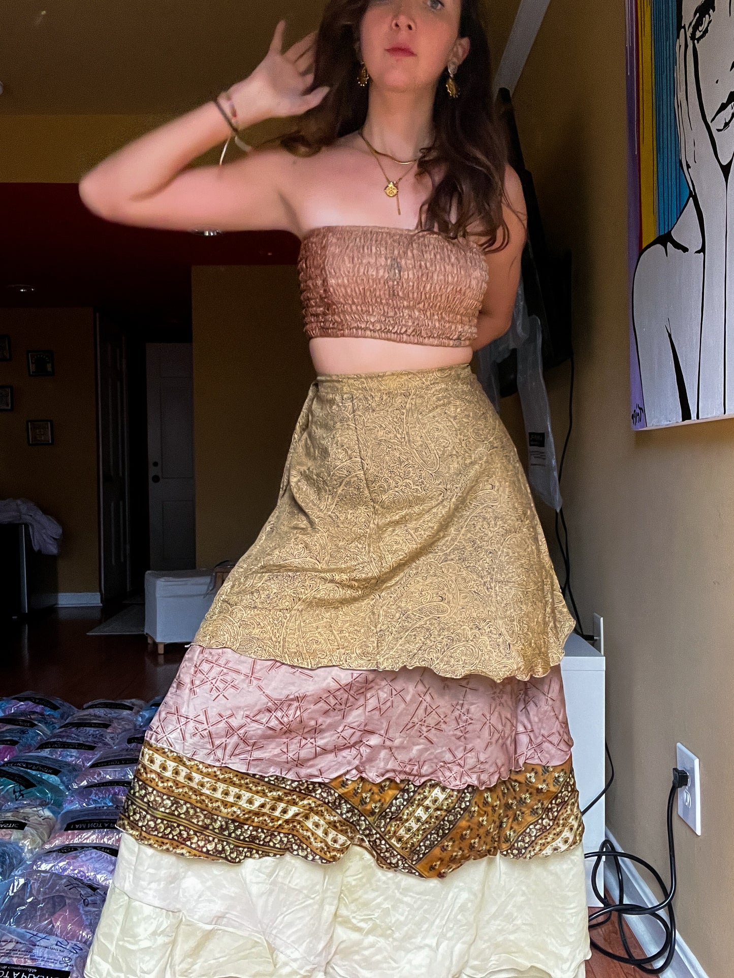 sari wrap skirt #110- creme, brown