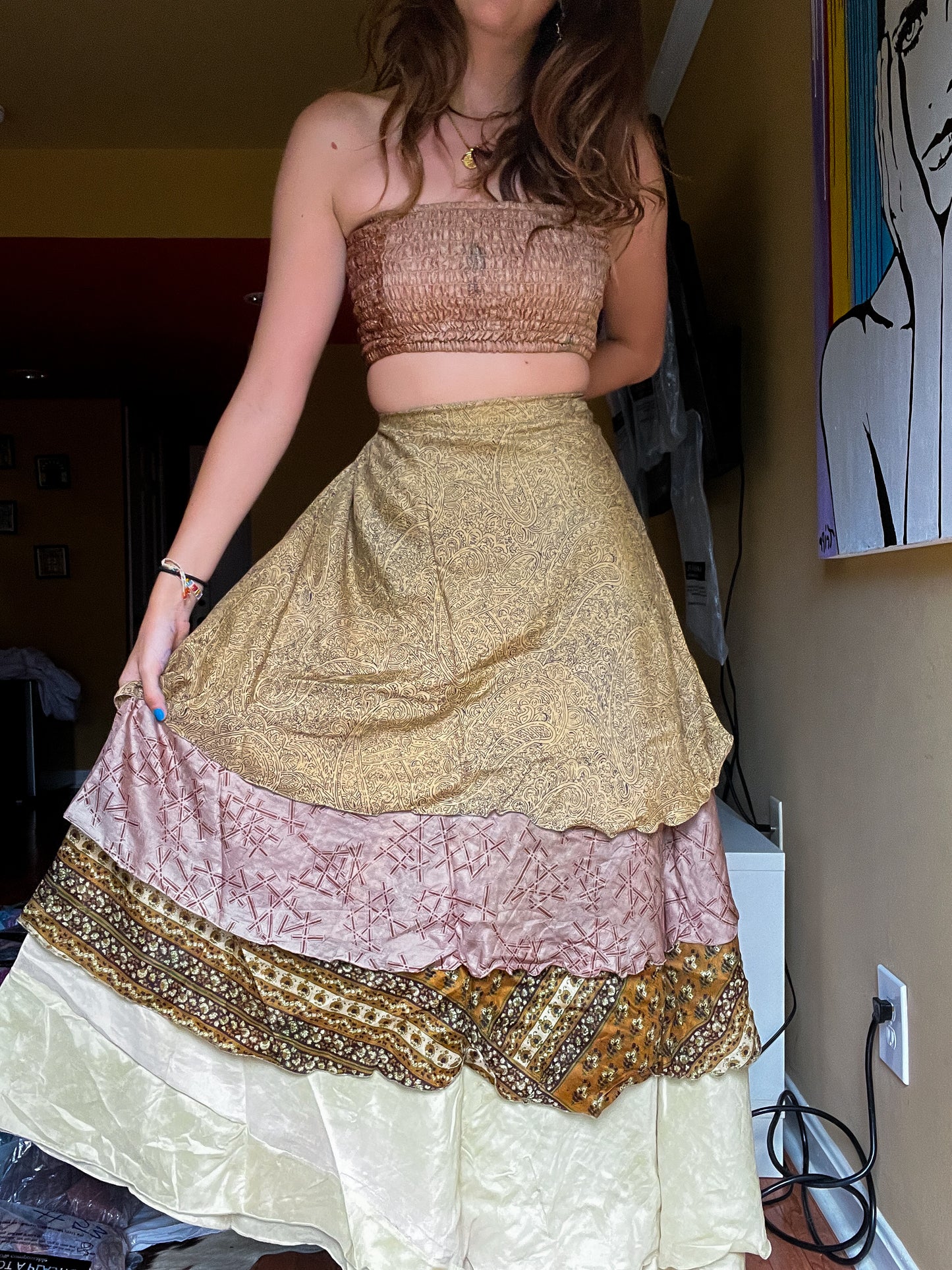 sari wrap skirt #110- creme, brown