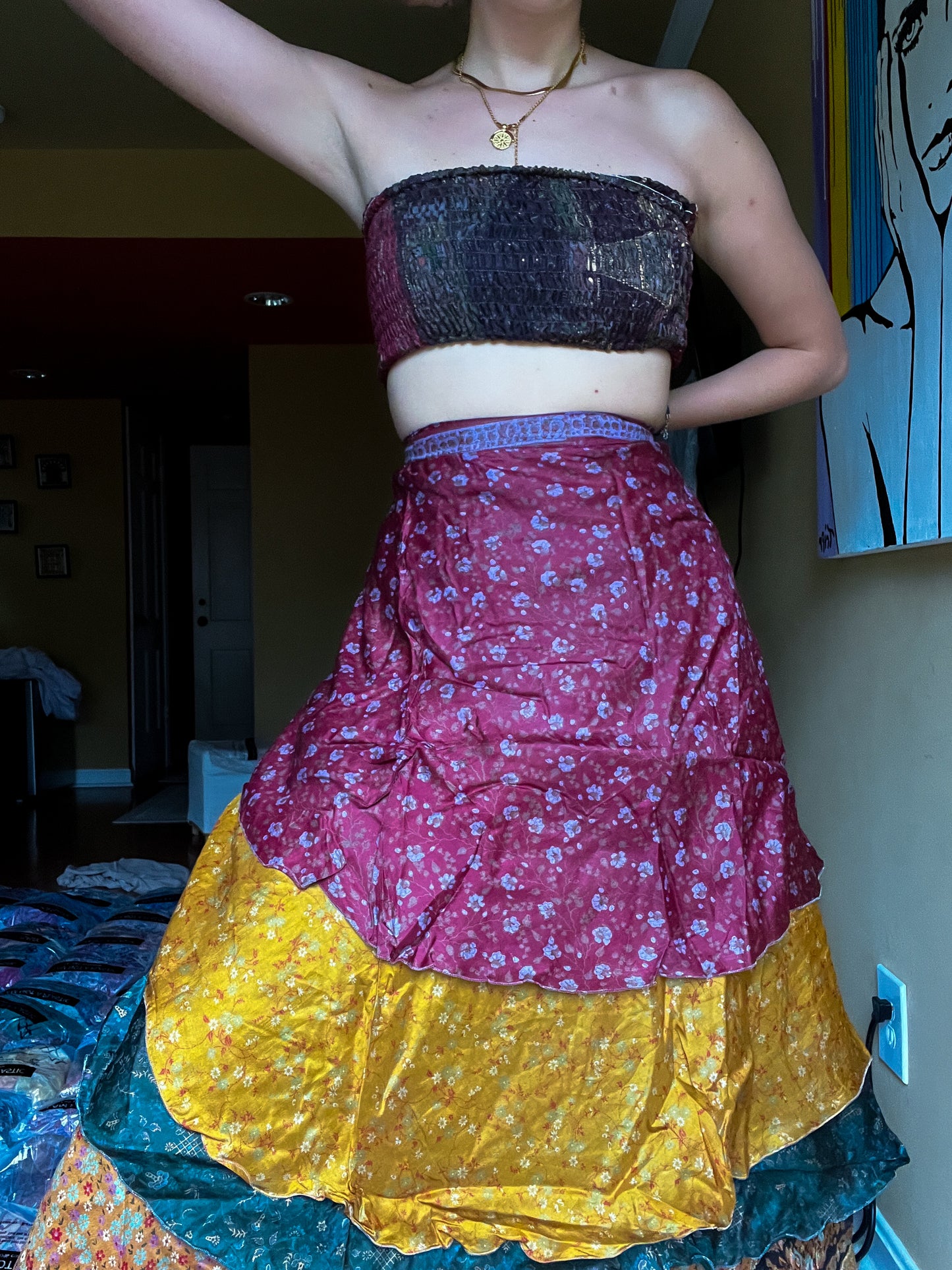 sari wrap skirt #111- brown, gold, dark blue