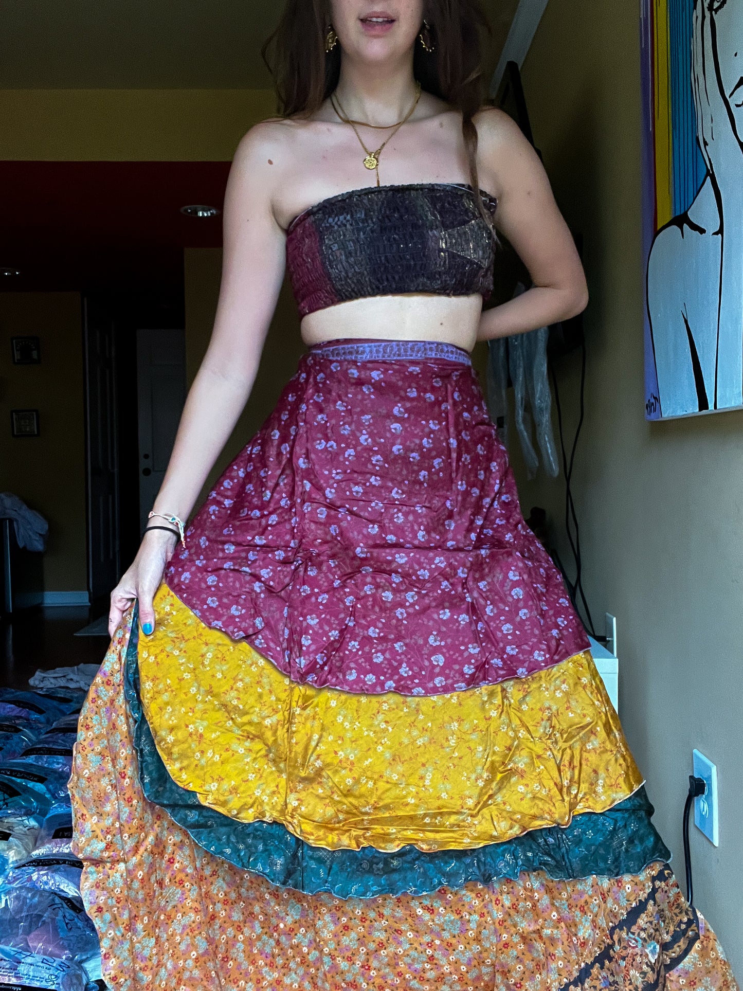 sari wrap skirt #111- brown, gold, dark blue