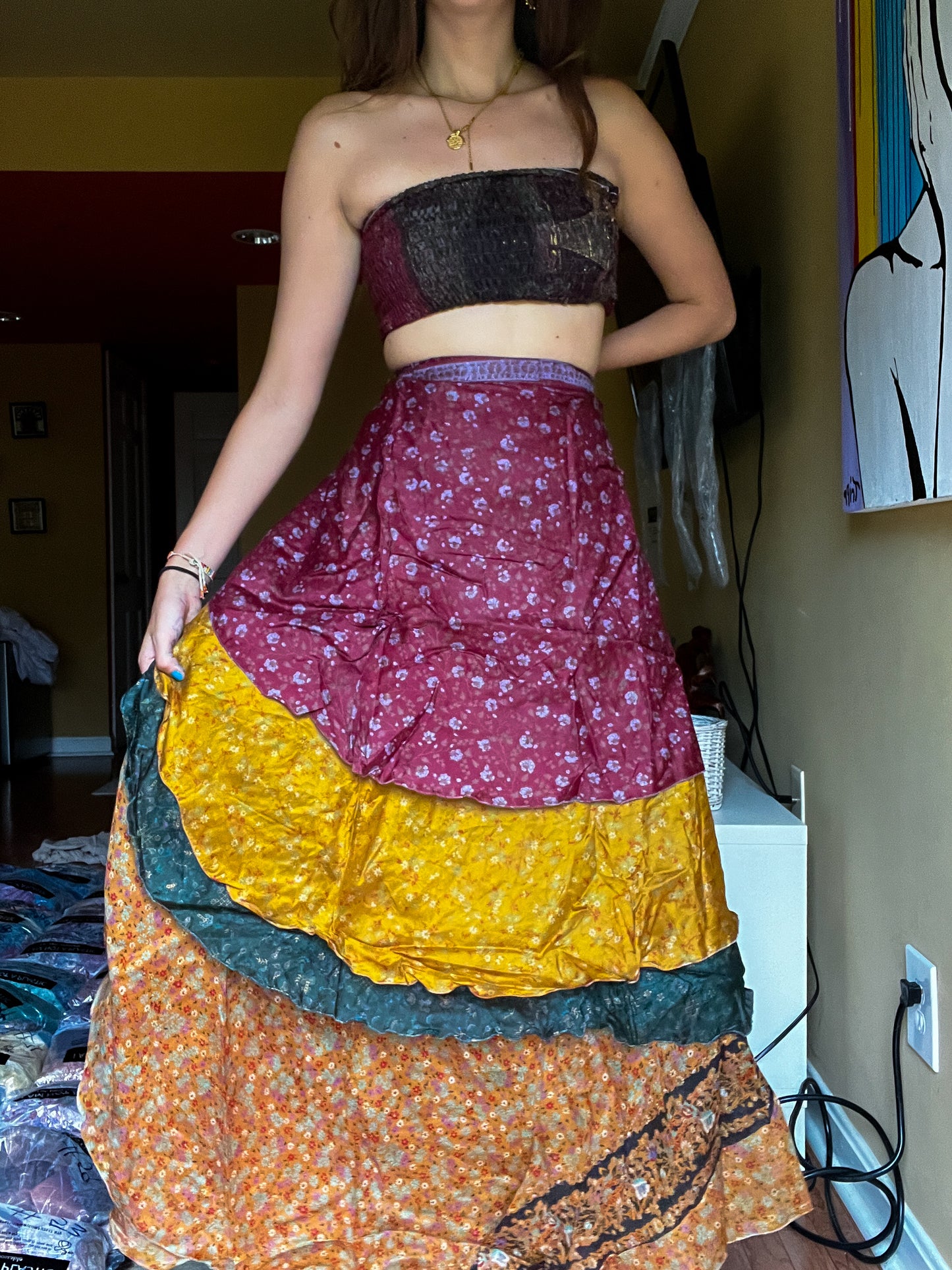 sari wrap skirt #111- brown, gold, dark blue