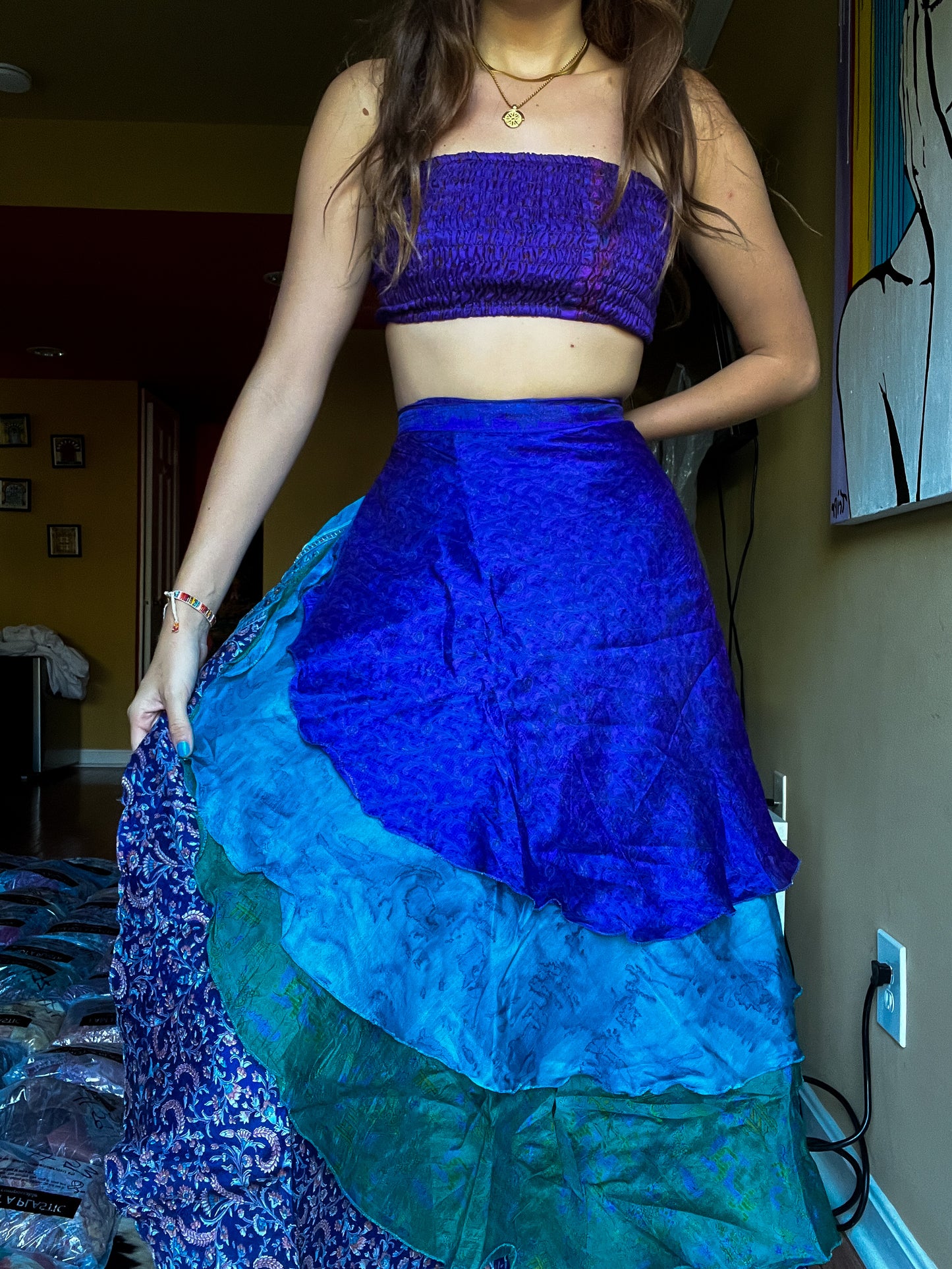 sari wrap skirt #113- Dark Purple, Aquamarine