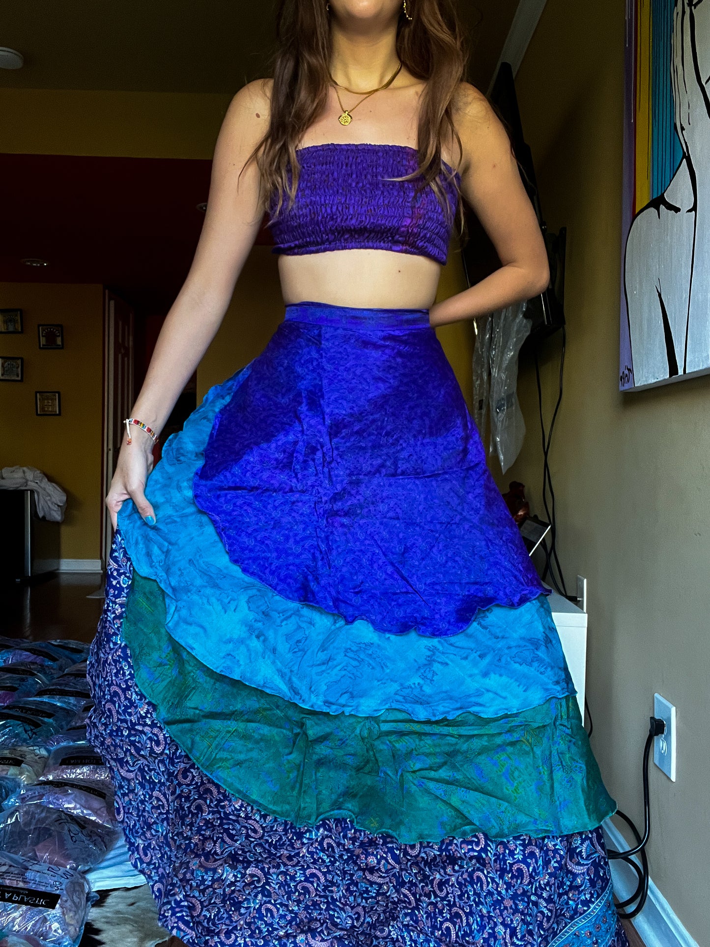 sari wrap skirt #113- Dark Purple, Aquamarine
