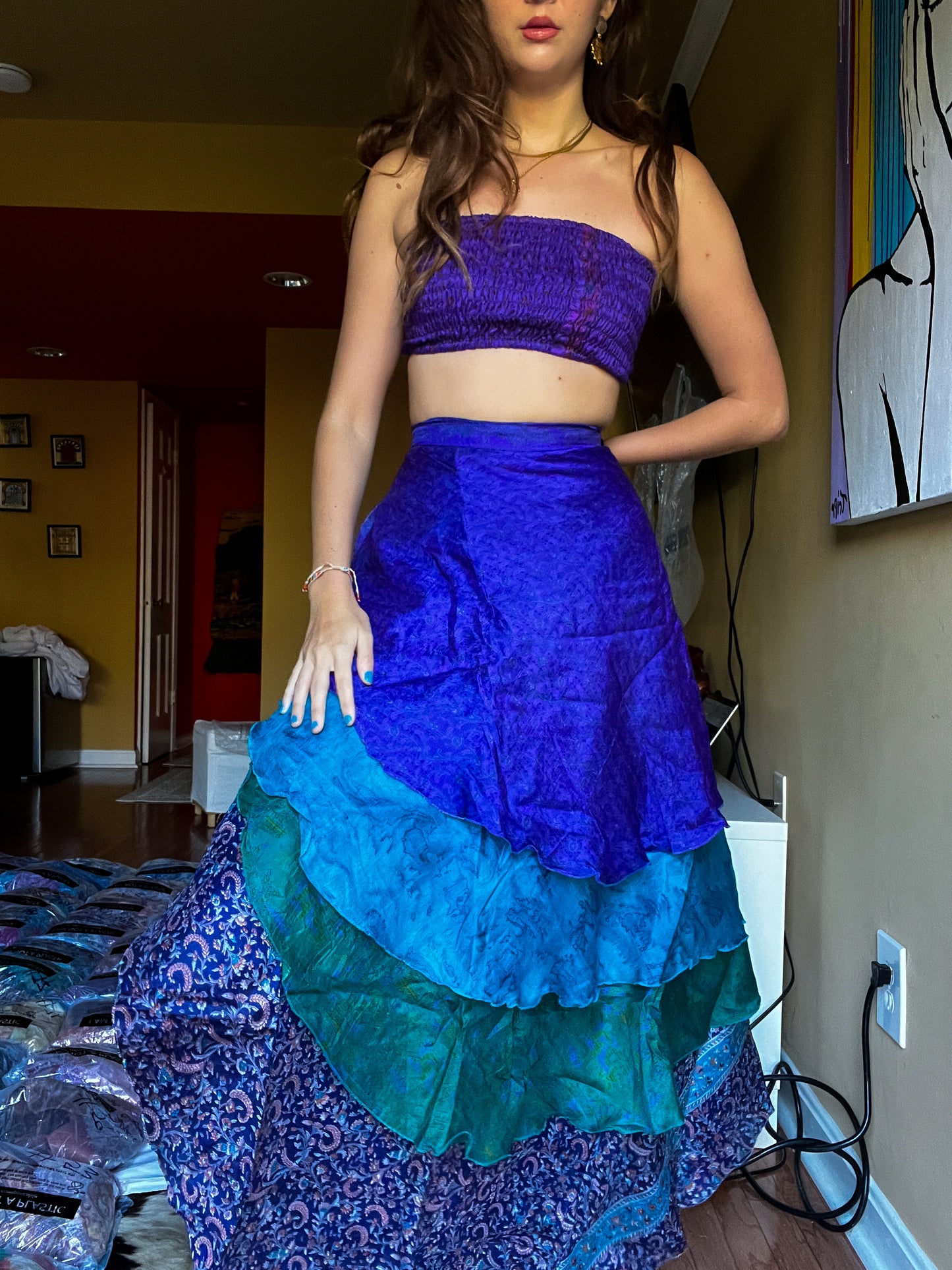 sari wrap skirt #113- Dark Purple, Aquamarine