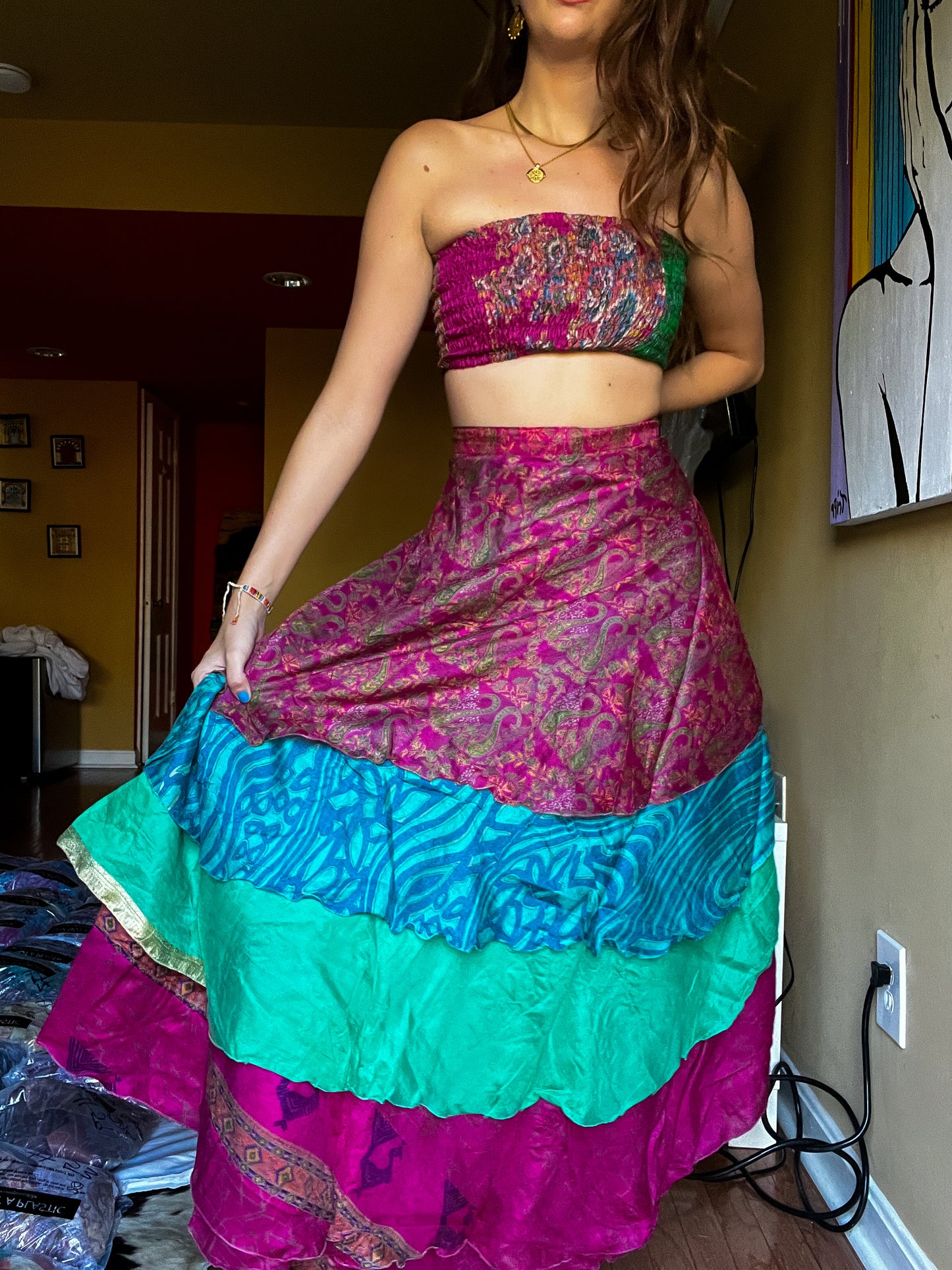 sari wrap skirt #114- Purple, green, fusia
