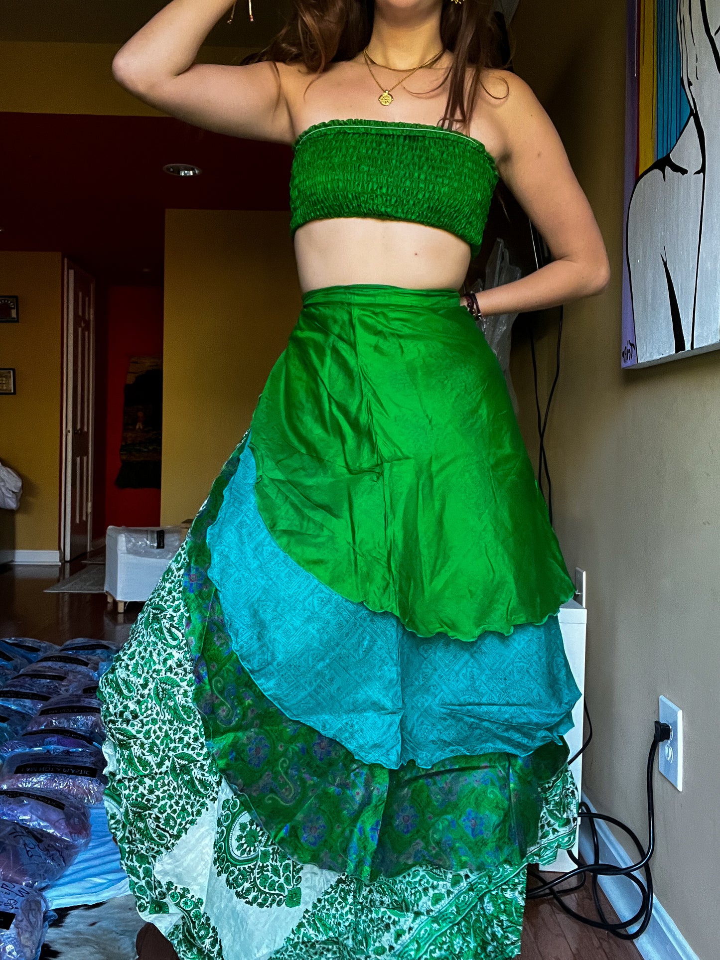 sari wrap skirt #115- Green