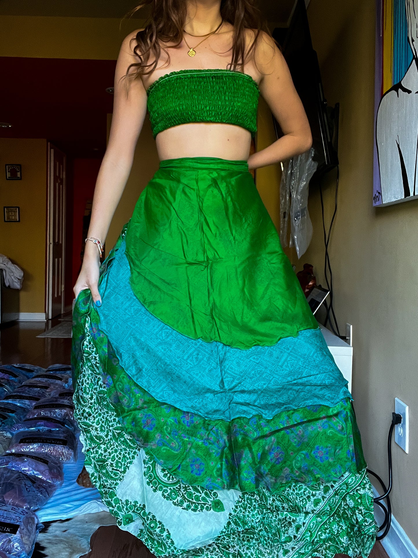 sari wrap skirt #115- Green