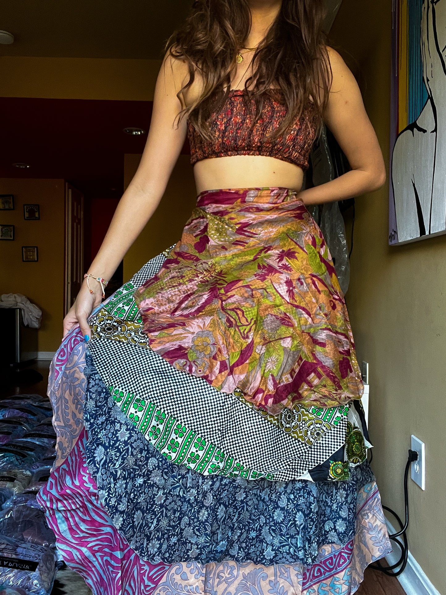 sari wrap skirt #117- Art Gallery