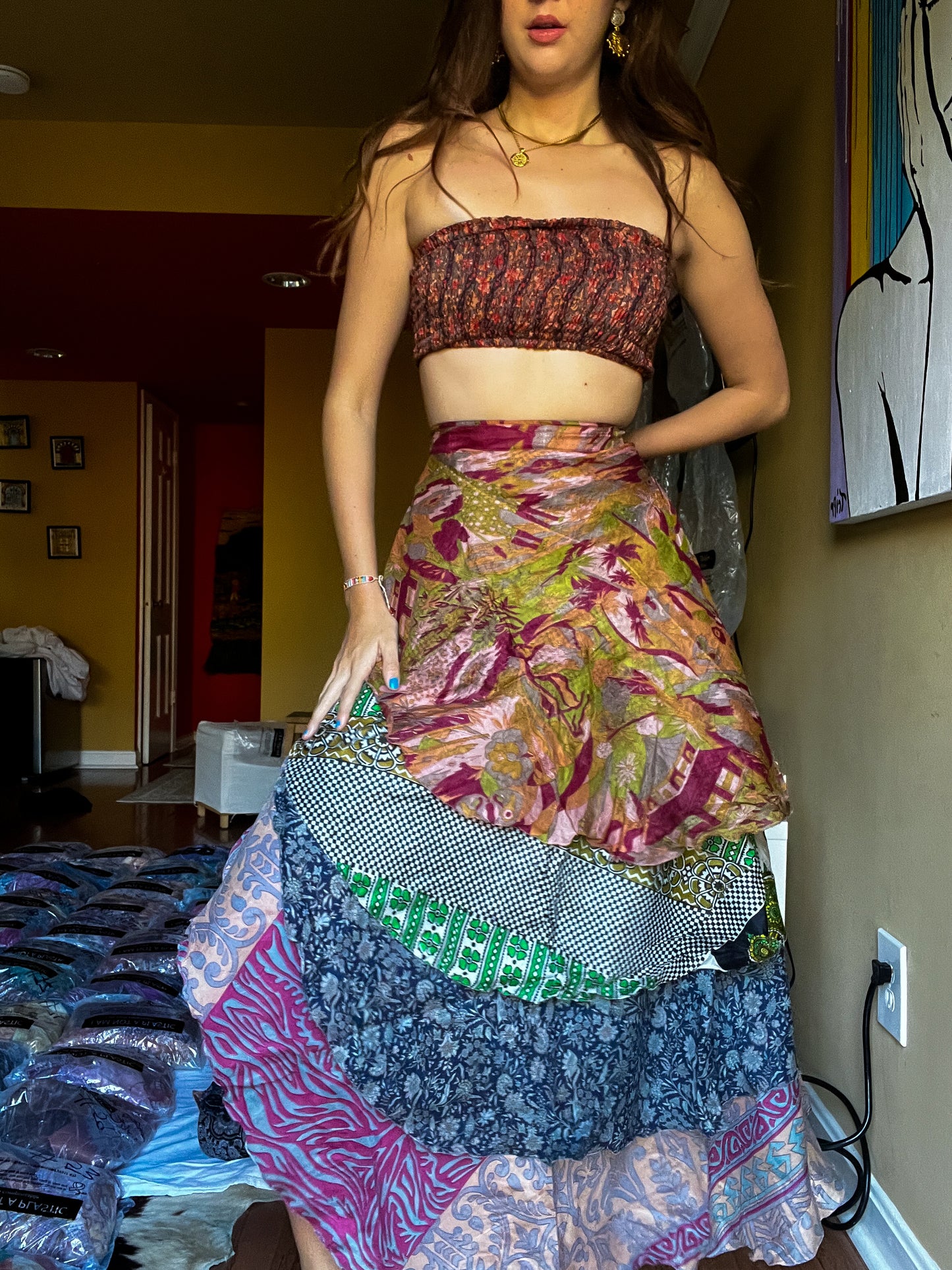 sari wrap skirt #117- Art Gallery