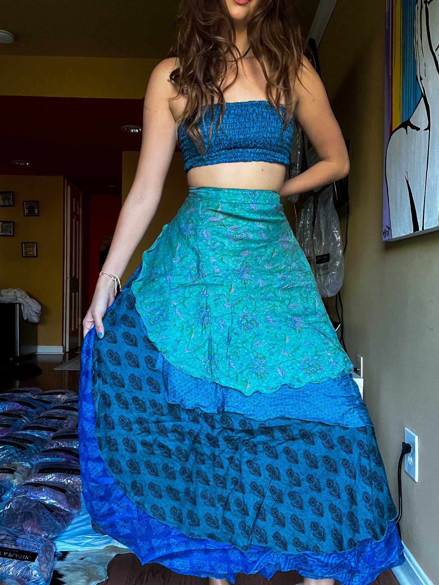 sari wrap skirt #118- Blue, green