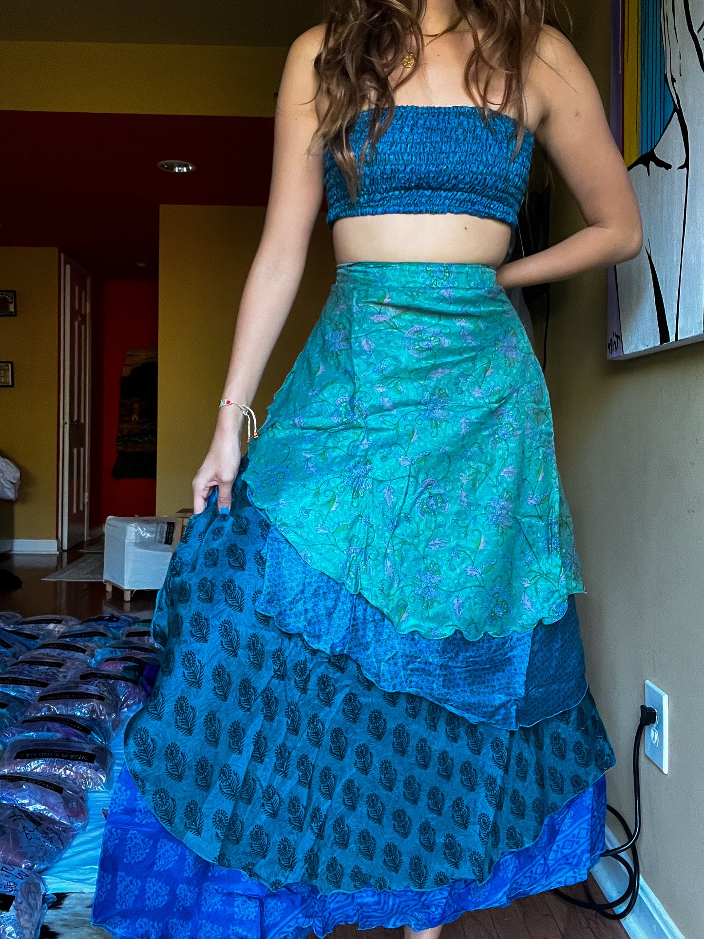 sari wrap skirt #118- Blue, green